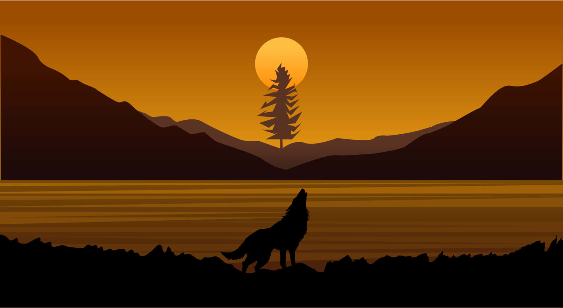 Wolf Silhouette 桌布 壁紙 — 一匹孤狼對著被群山和一棵孤松環繞的金色日落嚎叫。