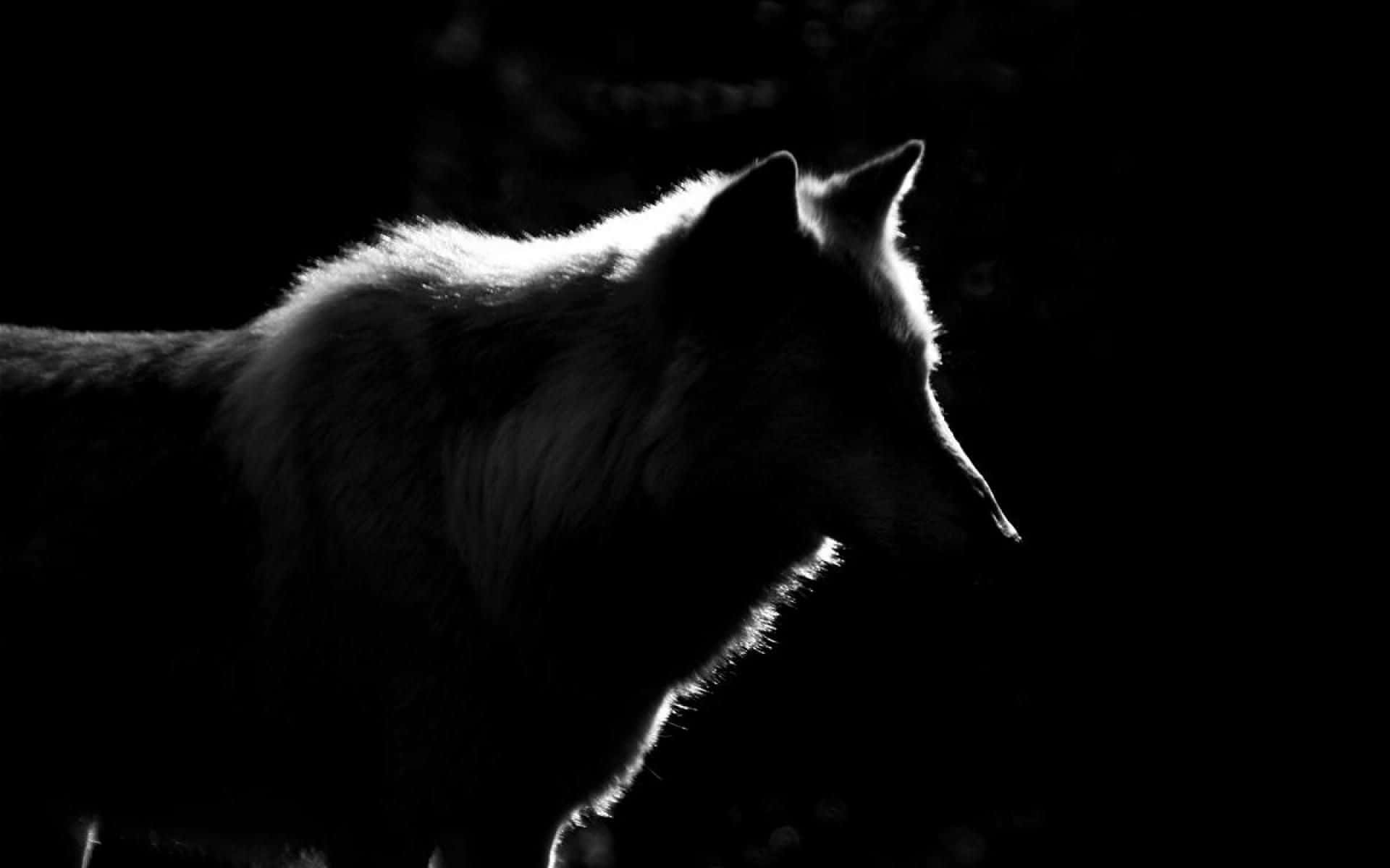 Lone Wolf 桌布 壁紙 — 一匹孤狼的剪影，以鮮明的黑白呈現，光線捕捉其毛髮，映襯著黑暗背景。