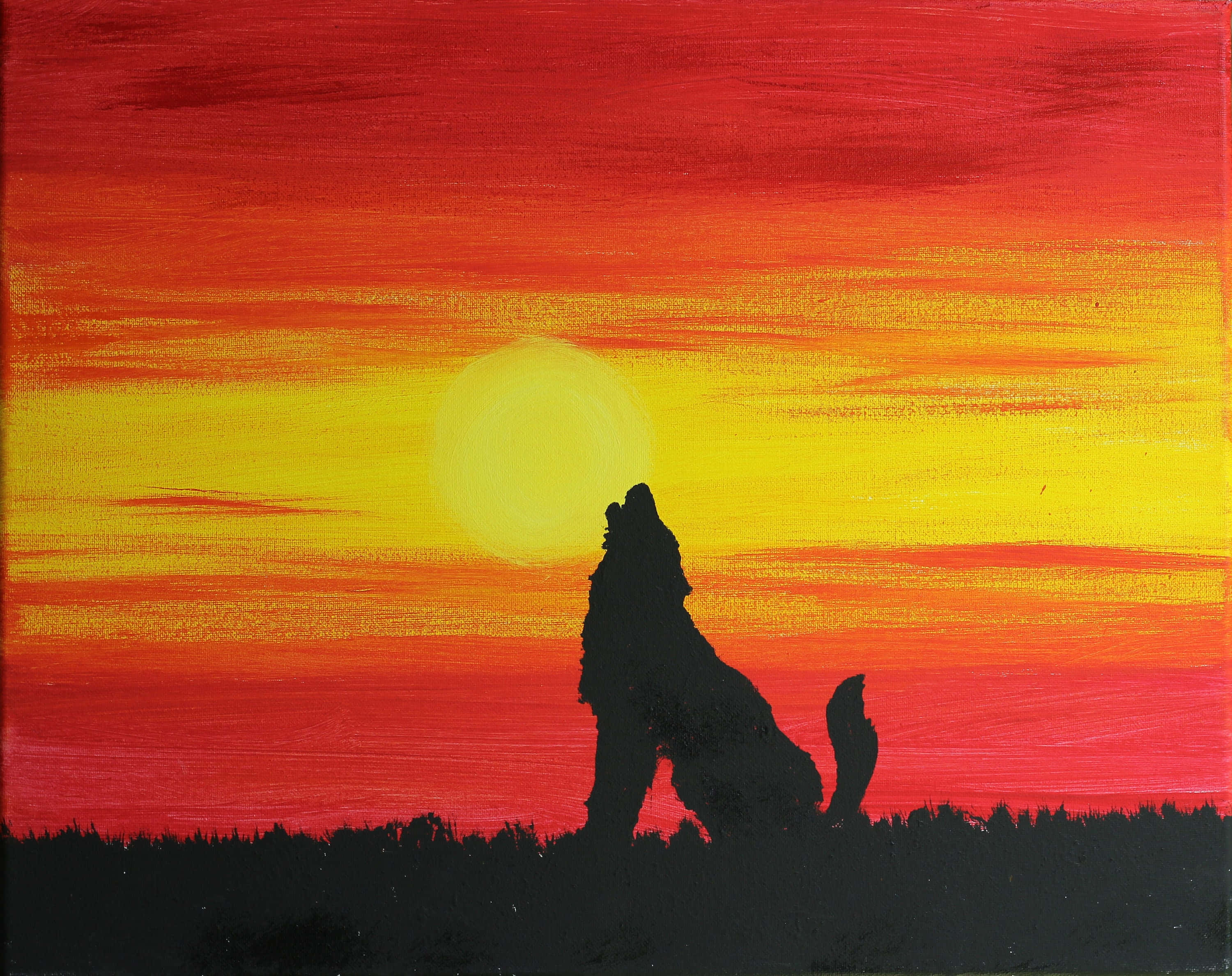 Wolf Silhouette 桌布 壁紙 — 一匹孤狼的剪影，襯托著火紅的日落天空，帶有粗獷的筆觸和鮮豔的紅橙色調。