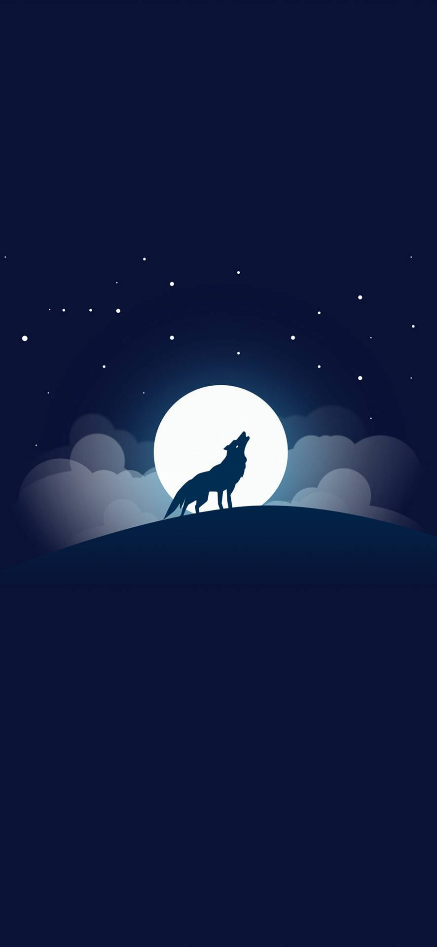 可愛的狼 桌布 壁紙 — 一匹孤狼的剪影在山丘上，對著被星星和柔雲環繞的明亮滿月嚎叫。