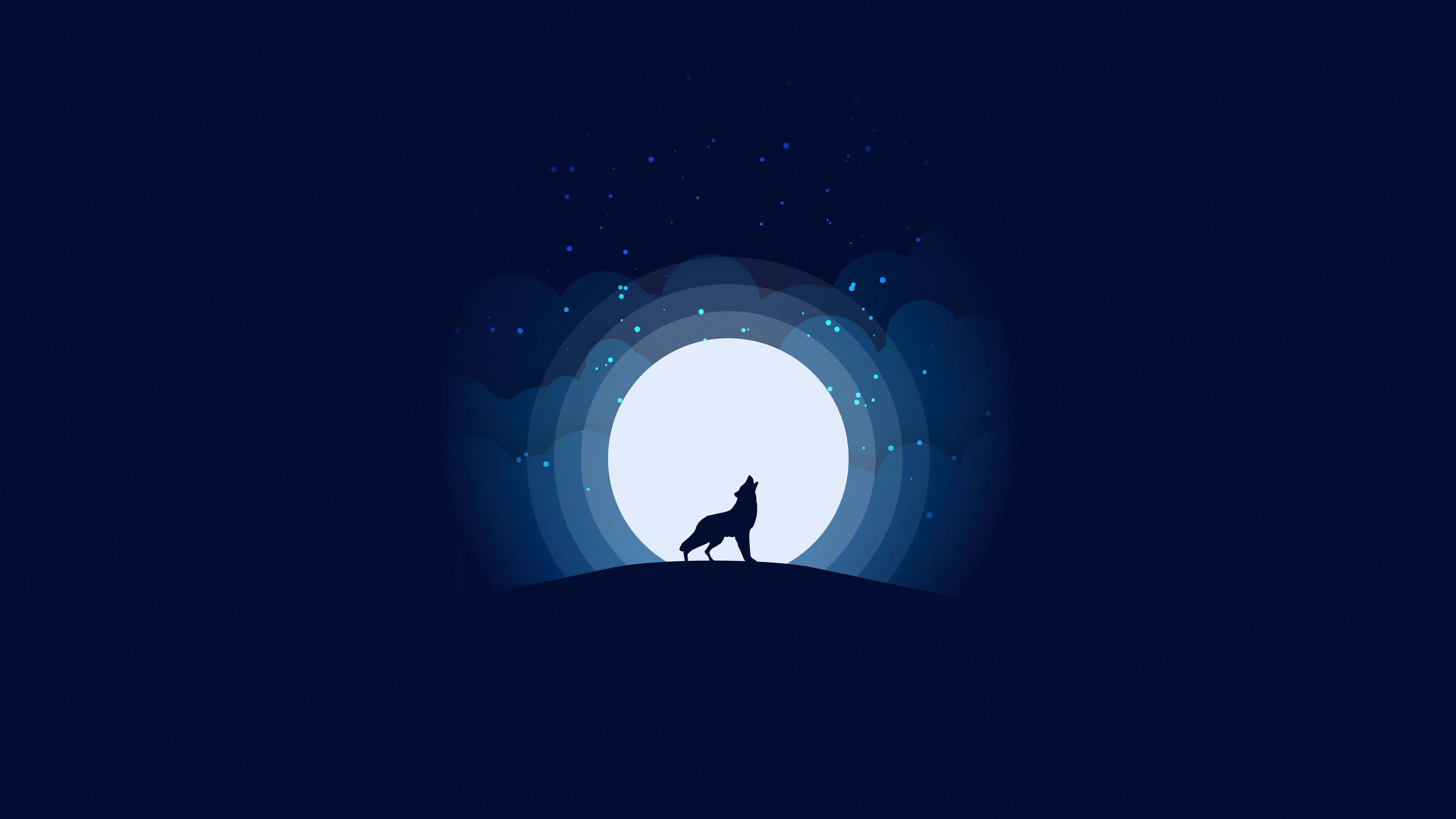 Wolf Howling 桌布 壁紙 — 一匹孤狼的剪影在山丘上對著發光的滿月和星空夜空嚎叫。
