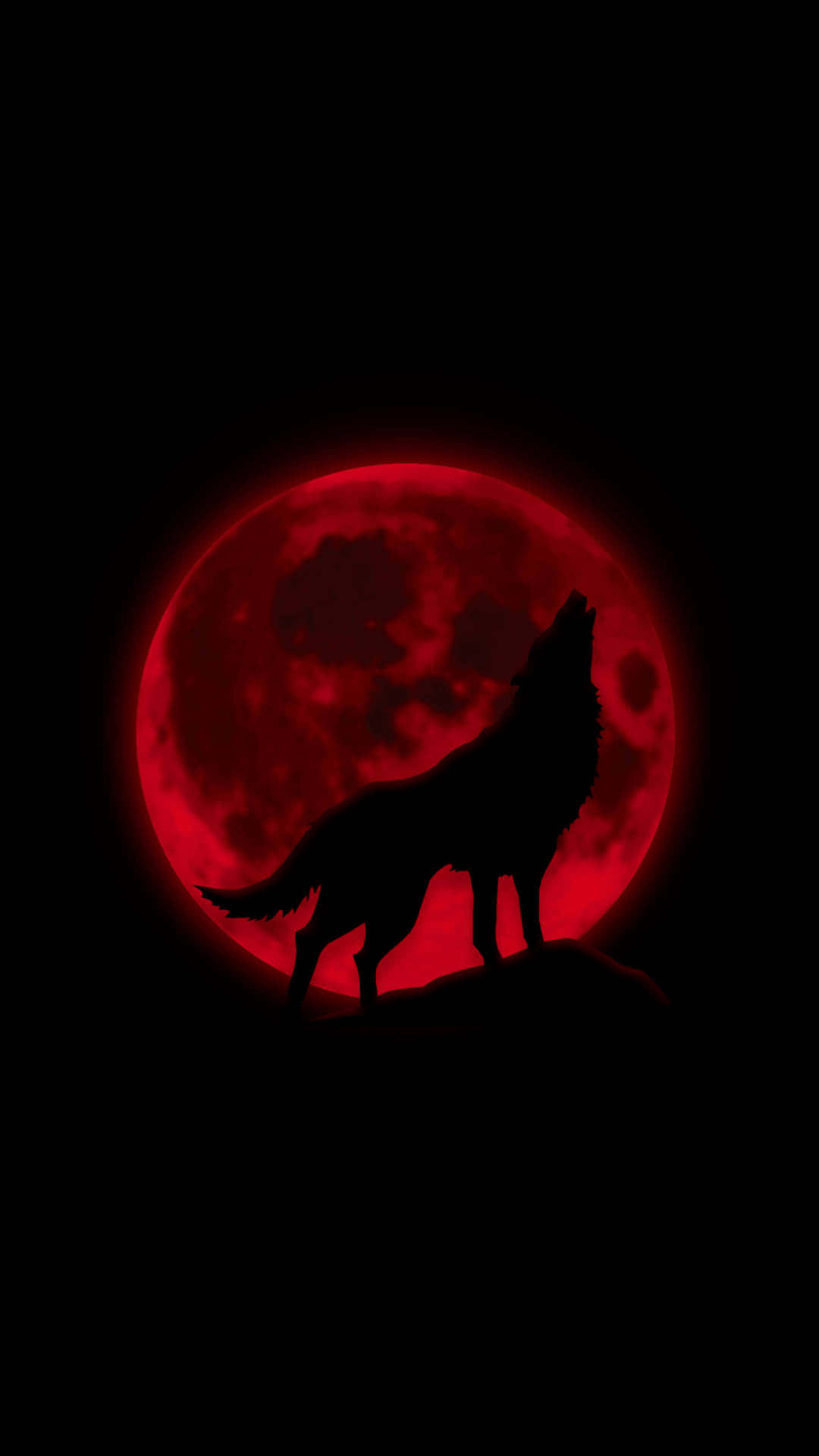 Wolf Howling 桌布 壁紙 — 一匹孤狼的剪影在岩石上嚎叫，背景是漆黑中發光的紅色滿月。