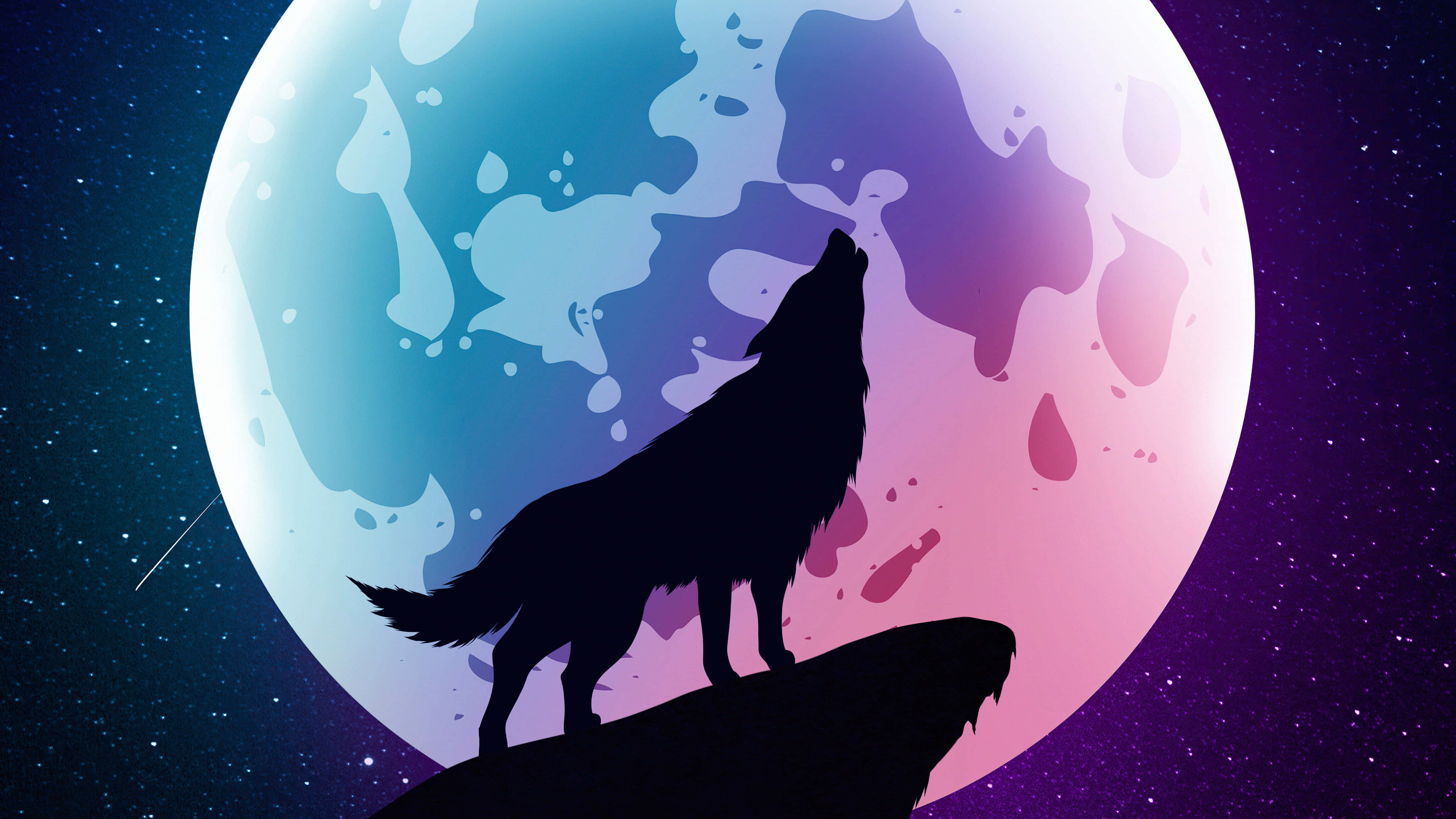 Wolf Minimalist 桌布 壁紙 — 一匹孤狼的剪影在懸崖頂上對著巨大彩色月亮嚎叫，背景是繁星點點的夜空。