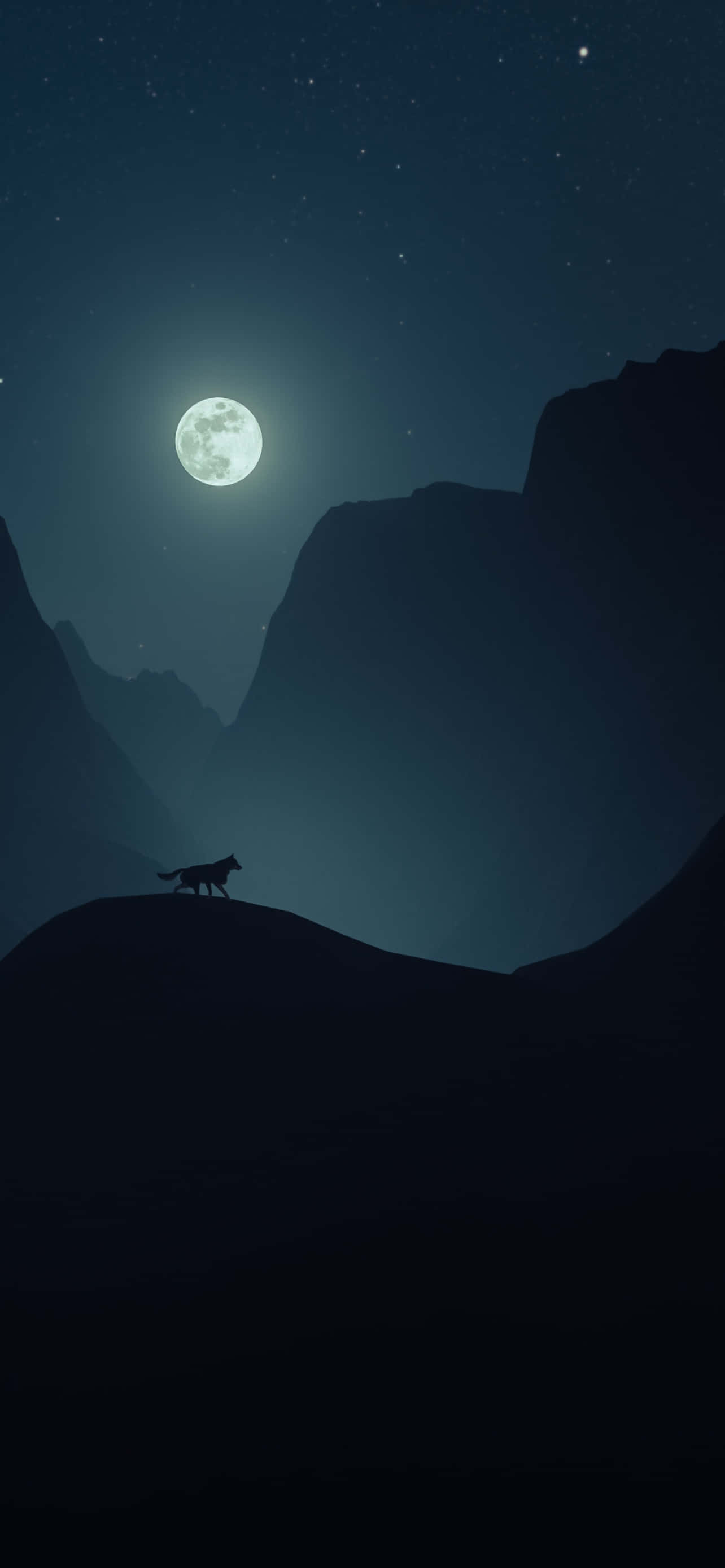 Wolf In Moonlight 桌布 壁紙 — 一匹孤狼的剪影在明亮的滿月和星空下，行走在山脊上。