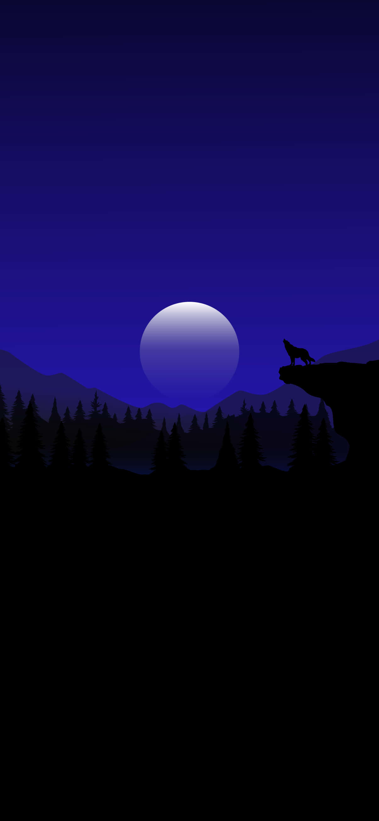 Wolf Moon 桌布 壁紙 — 一匹孤狼的剪影在深藍色夜空下，於發光的滿月下的懸崖頂上嚎叫。