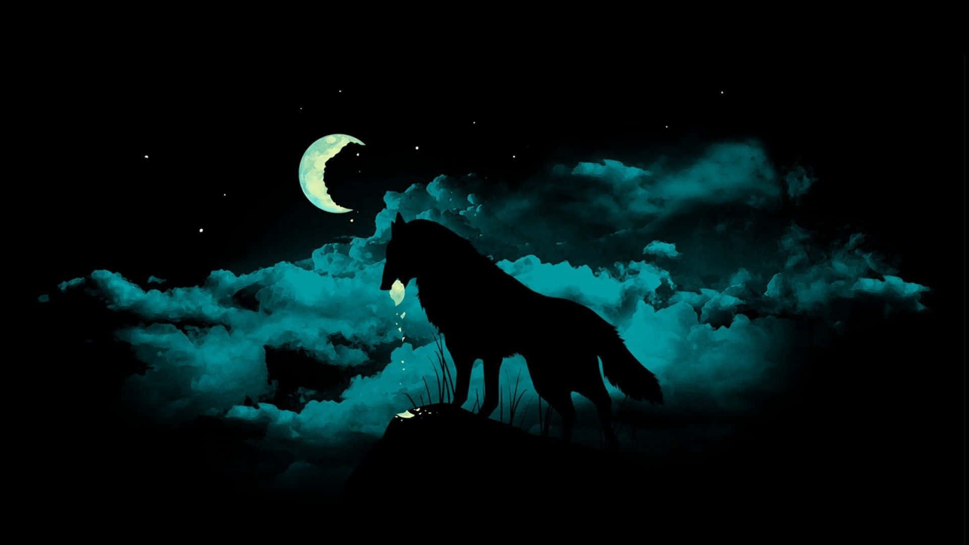 Epic Wolf 桌布 壁紙 — 一匹孤狼的剪影在發光的彎月下，對著青藍色多雲的夜空嚎叫。