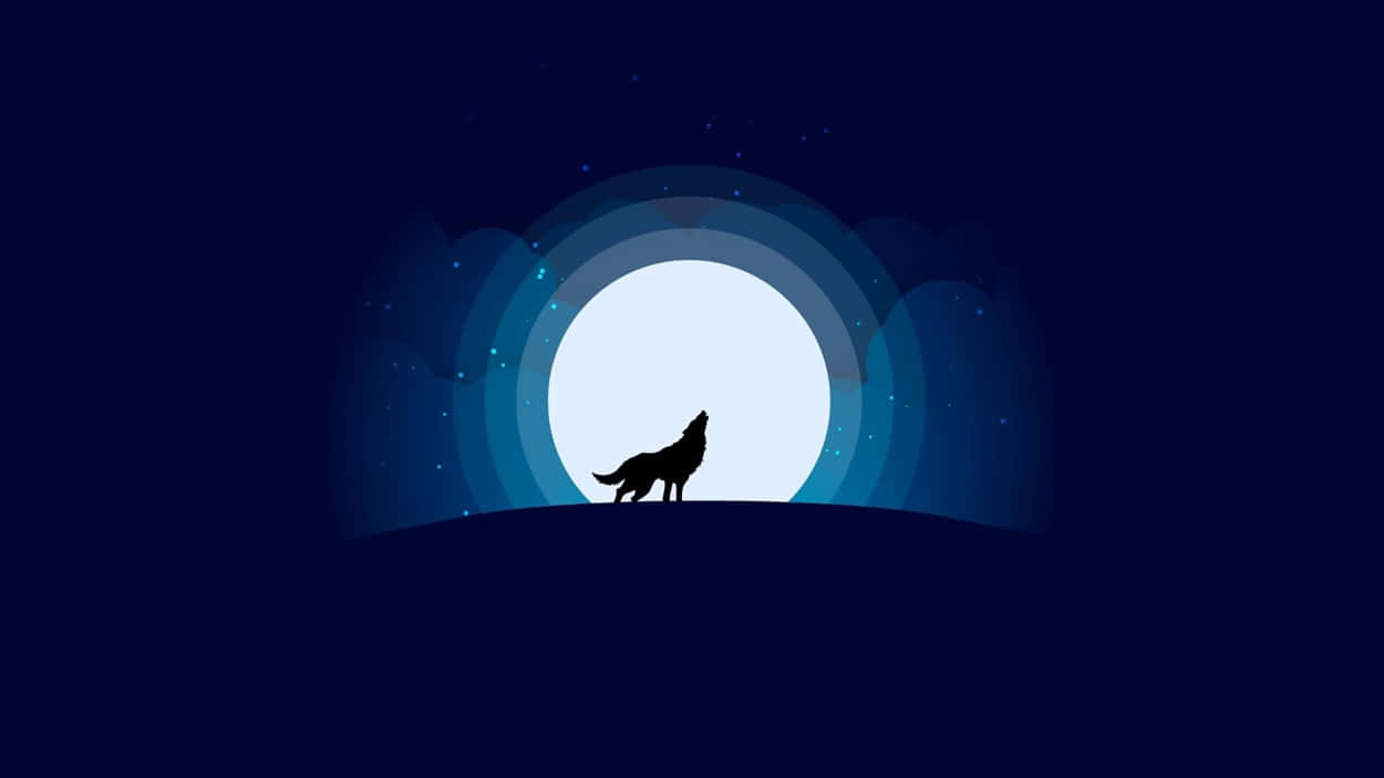 Wolf Moon 桌布 壁紙 — 一匹孤狼的剪影在繁星點點的夜空下，對著被同心藍色圓環框住的明亮滿月嚎叫。
