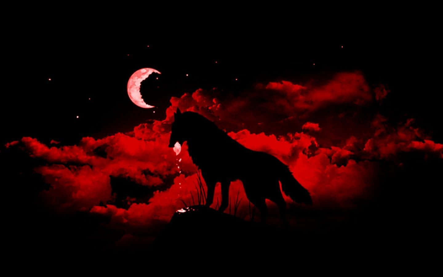 Wolf Free 桌布 壁紙 — 一匹孤狼的剪影站在懸崖上，背景是血紅色的月亮和暴風雨雲。