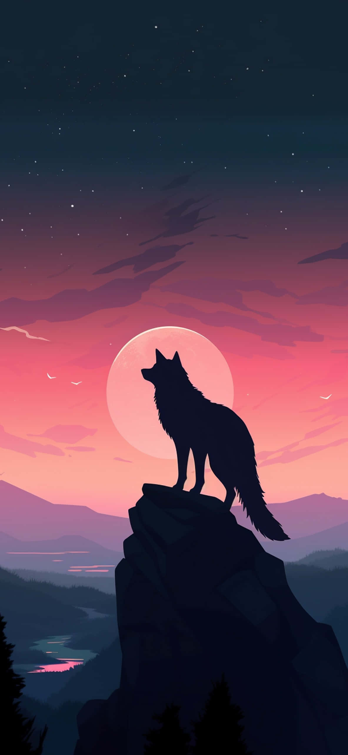 Wolf In Sunset 桌布 壁紙 — 一匹孤狼的剪影站在懸崖頂上，對著明亮的滿月嚎叫，背景是充滿活力的暮色天空。