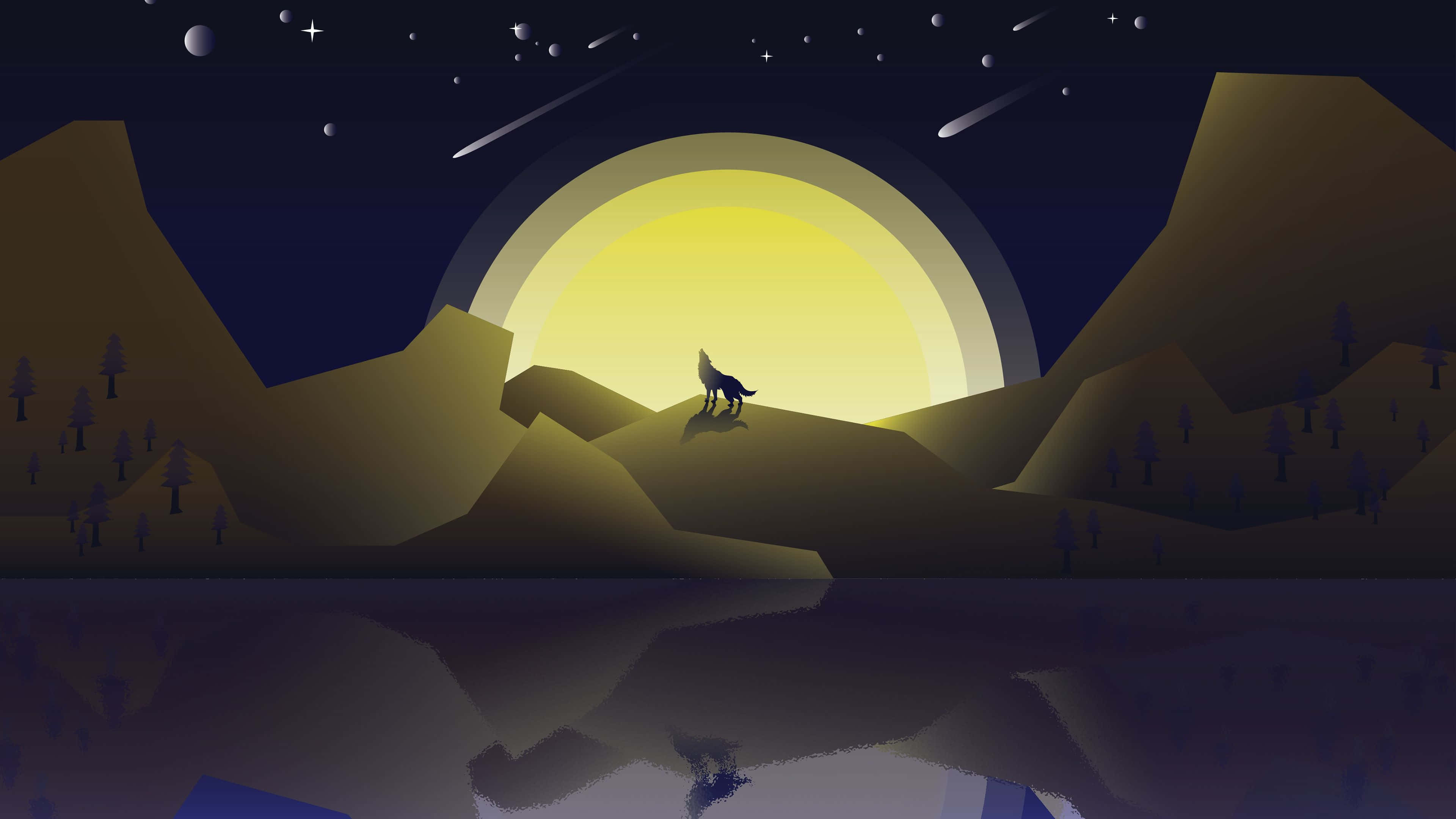 Wolf Minimalist 桌布 壁紙 — 一匹孤狼站在山頂上，在繁星點點和流星劃過的夜空下，以發光的黃色太陽為背景形成剪影。