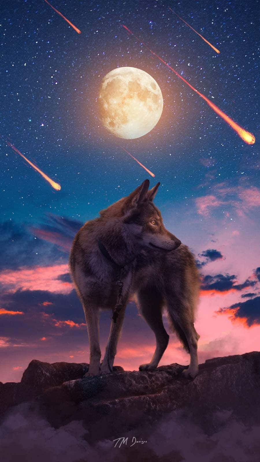 Wolf Aesthetic 桌布 壁紙 — 一匹孤狼站在岩石峭壁上，下方是明亮的滿月，熾熱的流星劃過繁星點點的暮色天空。