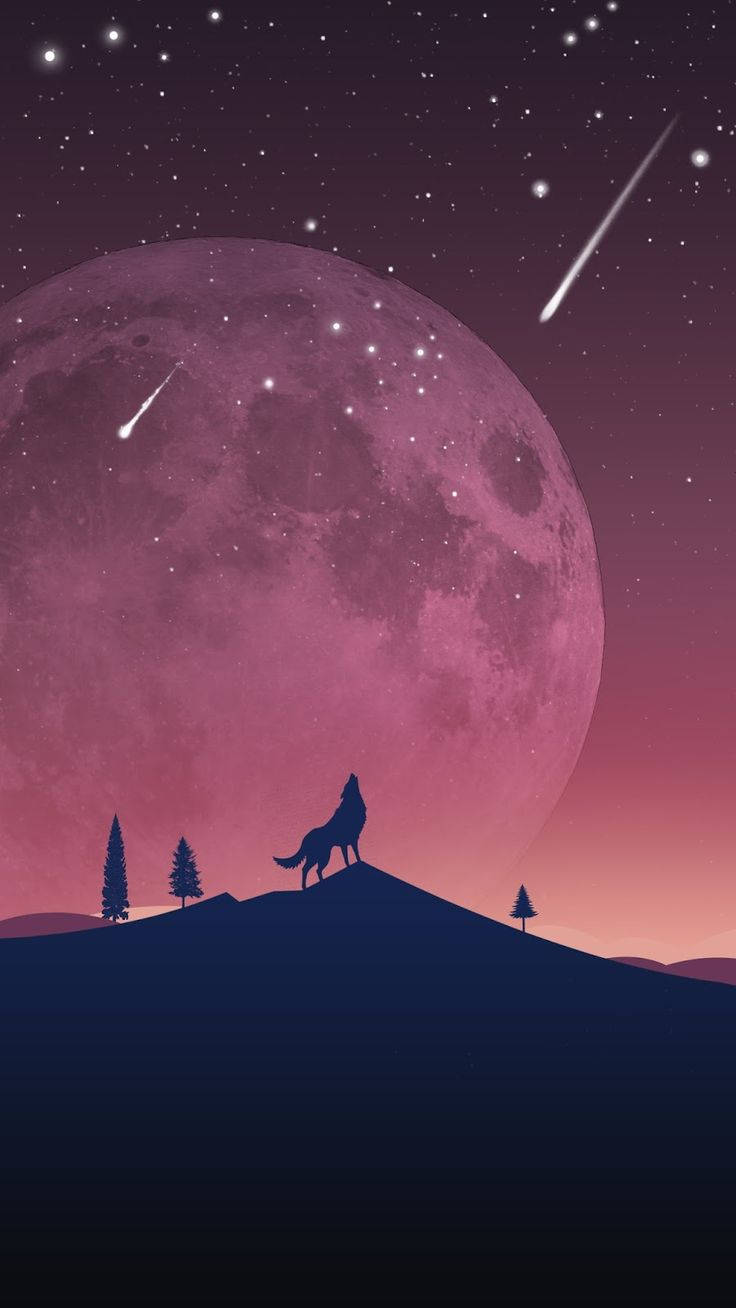 Pinterest 桌布 壁紙 — 一匹孤獨的狼在一個巨大的粉紅色月亮下，在流星劃過的星空暮色中，於山頂嚎叫。