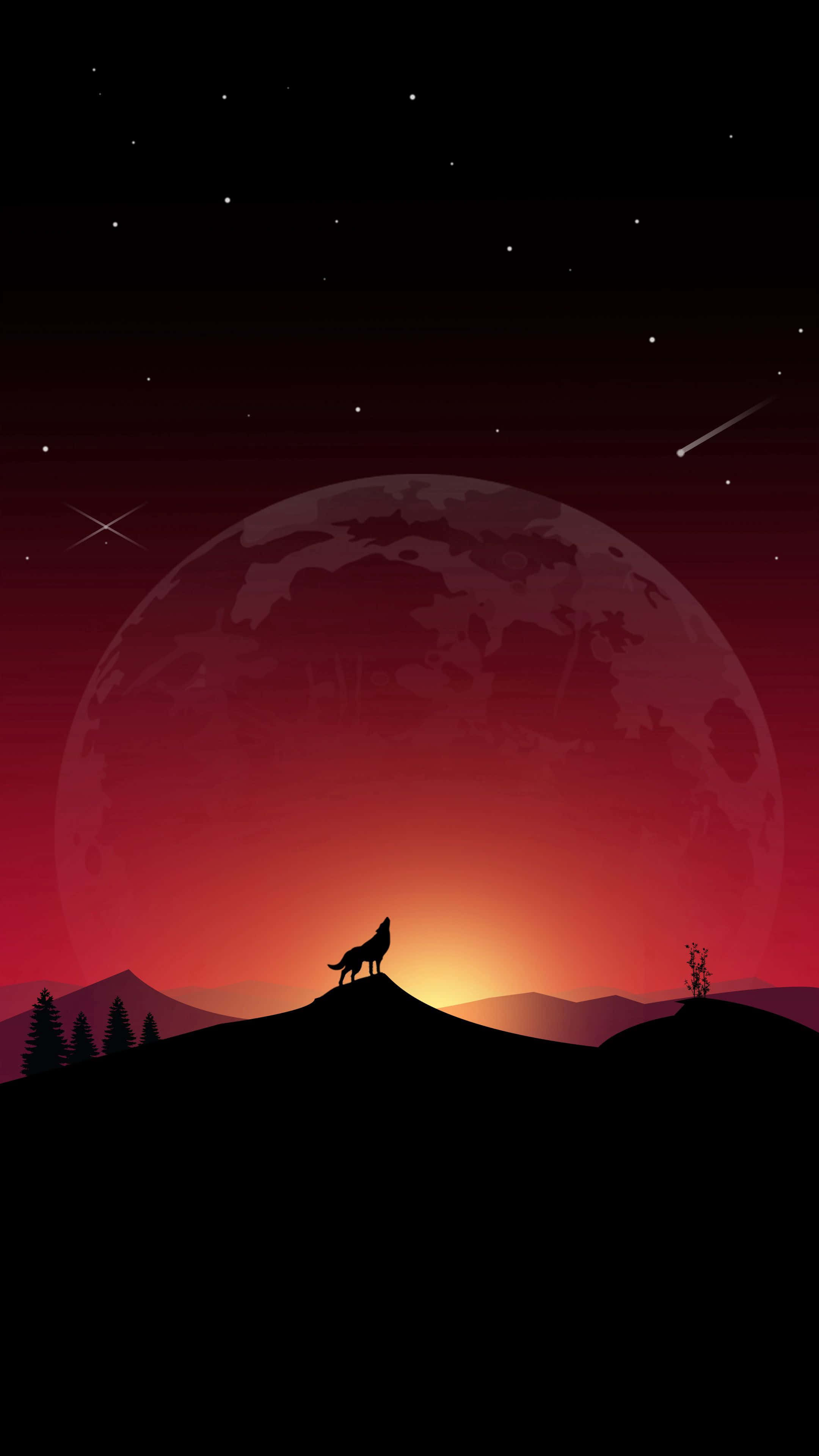 Wolf iPhone 桌布 壁紙 — 一匹孤獨的狼在一個巨大的紅月亮和流星劃過的星空夜空下，在山丘上嚎叫。