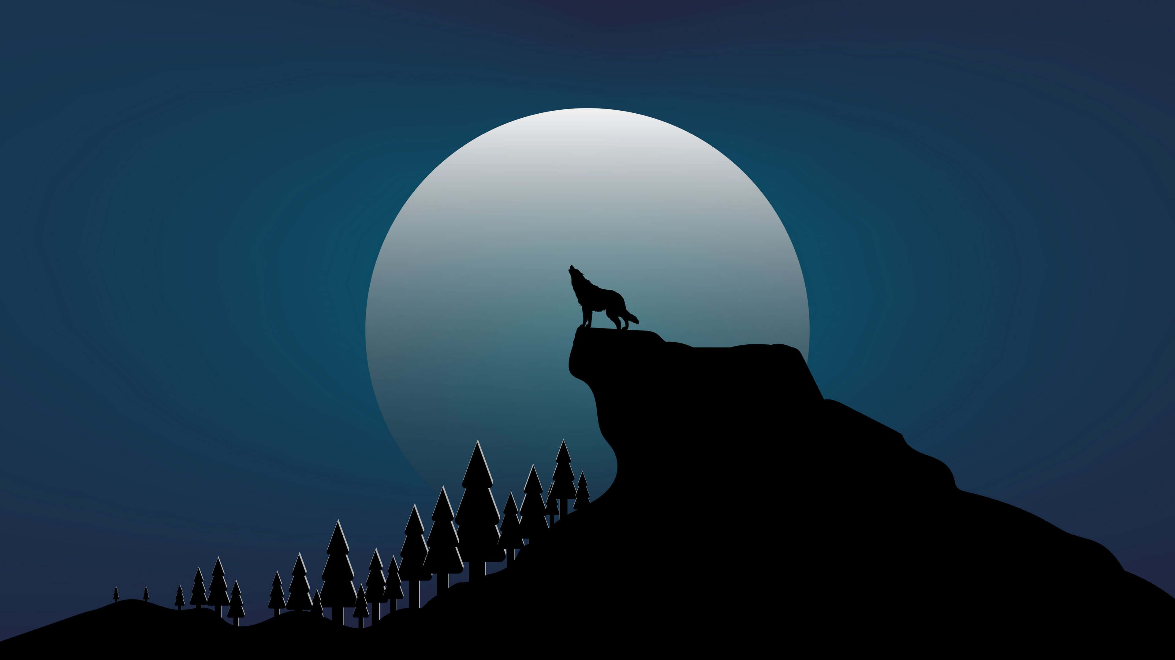 Wolf In Mountains 桌布 壁紙 — 一匹孤獨的狼在懸崖剪影頂端嚎叫，背景是巨大的發光月亮，下方有松樹。