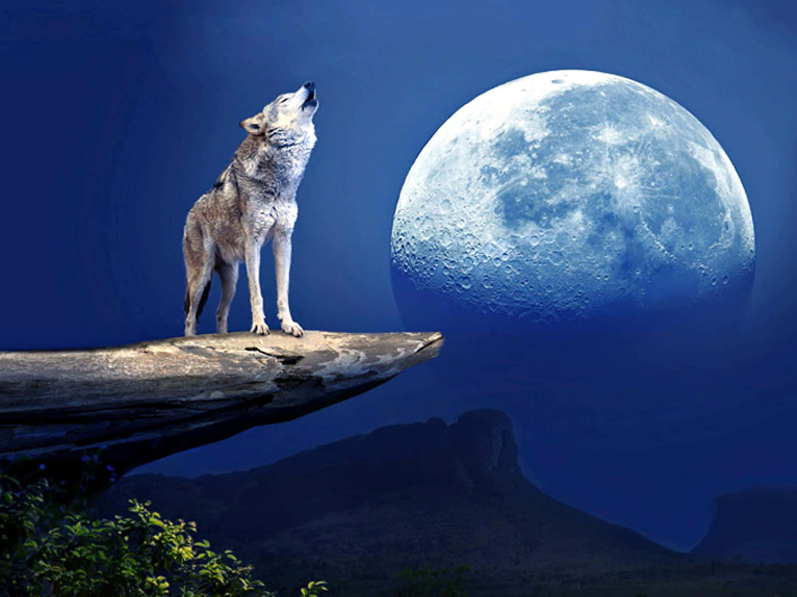 Howling Wolf 桌布 壁紙 — 一匹孤獨的狼在深藍色夜空下，對著棲息在懸崖上的巨大月亮嚎叫。