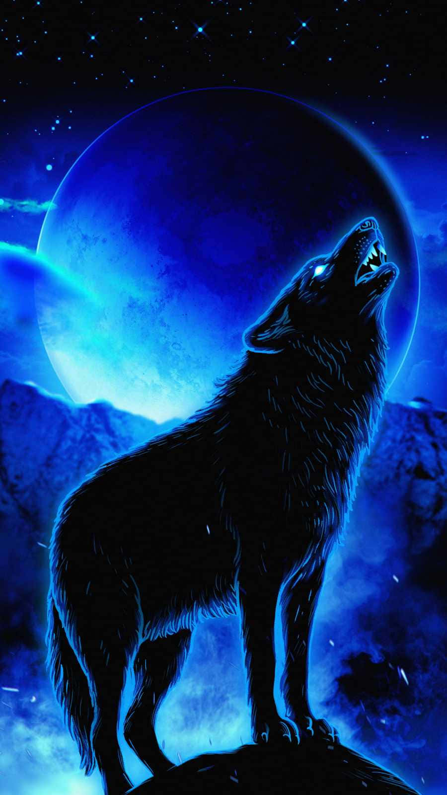 Lone Wolf 桌布 壁紙 — 一匹孤獨的狼在滿天星斗的夜空下，對著巨大的藍色月亮嚎叫。