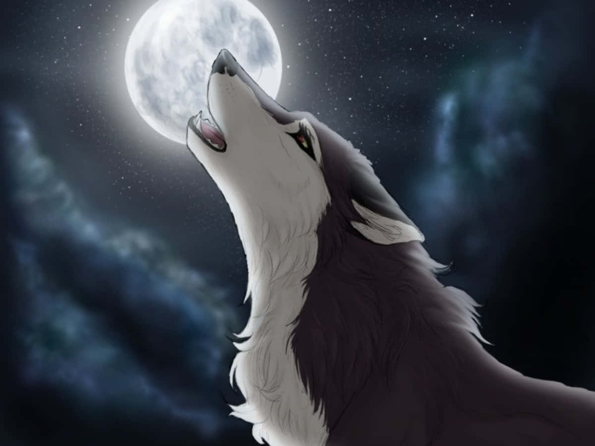 anime wolf 桌布 壁紙 — 一匹孤獨的狼在繁星點點、藍色雲霧繚繞的夜空下，向著明亮的滿月嚎叫。