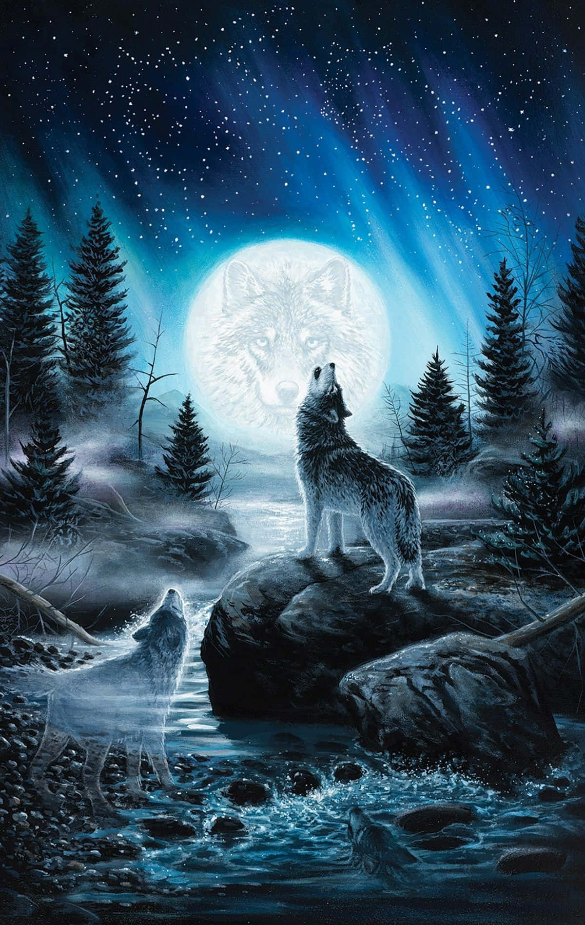 Moon Aesthetic 桌布 壁紙 — 一匹孤獨的狼對著河流中倒映的發光月亮嚎叫，背景是星空和松樹。