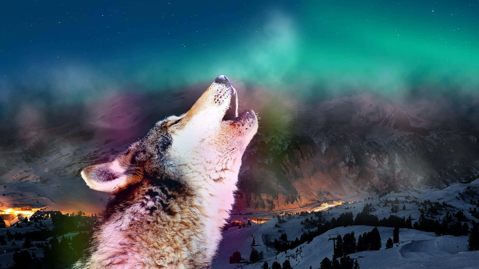 Howling Wolf 桌布 壁紙 — 一匹孤獨的狼對著白雪覆蓋的山景仰天長嘯，生動的綠色極光在繁星點點的夜空中舞動。