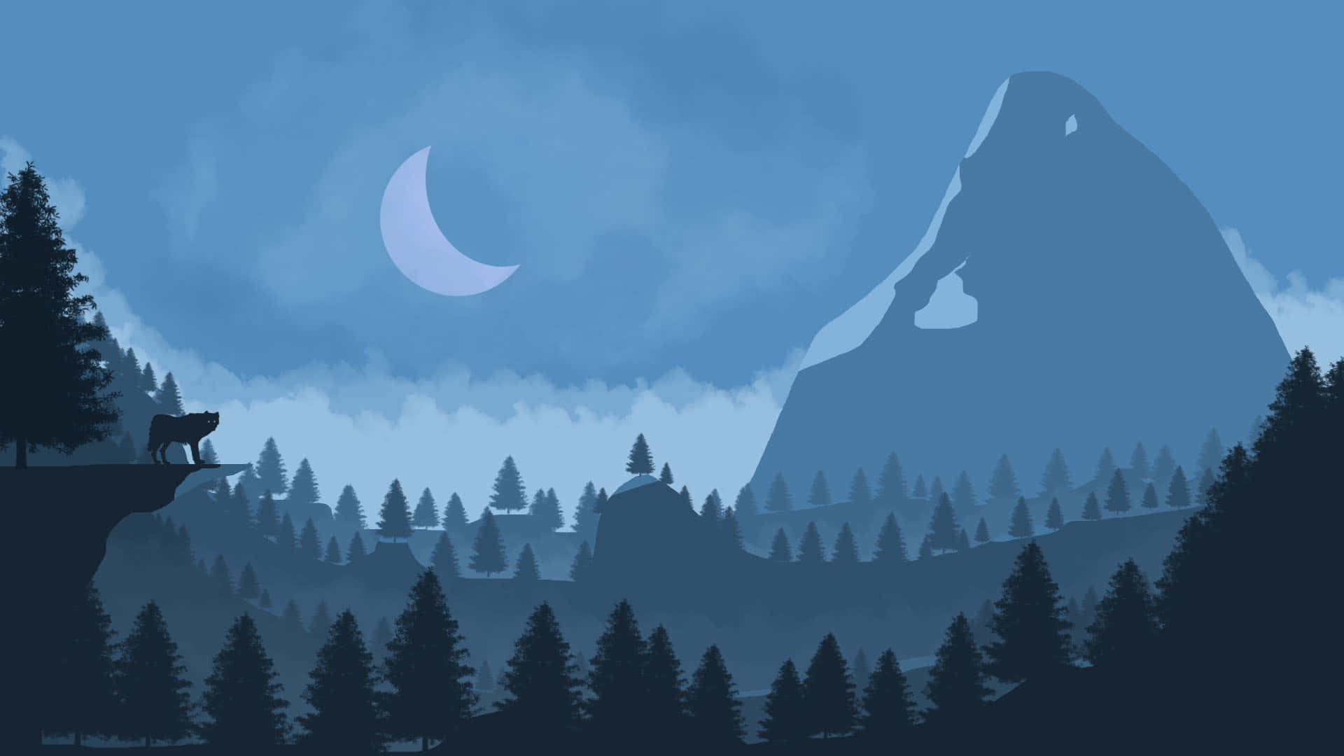 Wolf In Mountains 桌布 壁紙 — 一匹孤獨的狼站在懸崖上，俯瞰著新月下霧氣瀰漫的森林，呈現寧靜的藍調夜景。