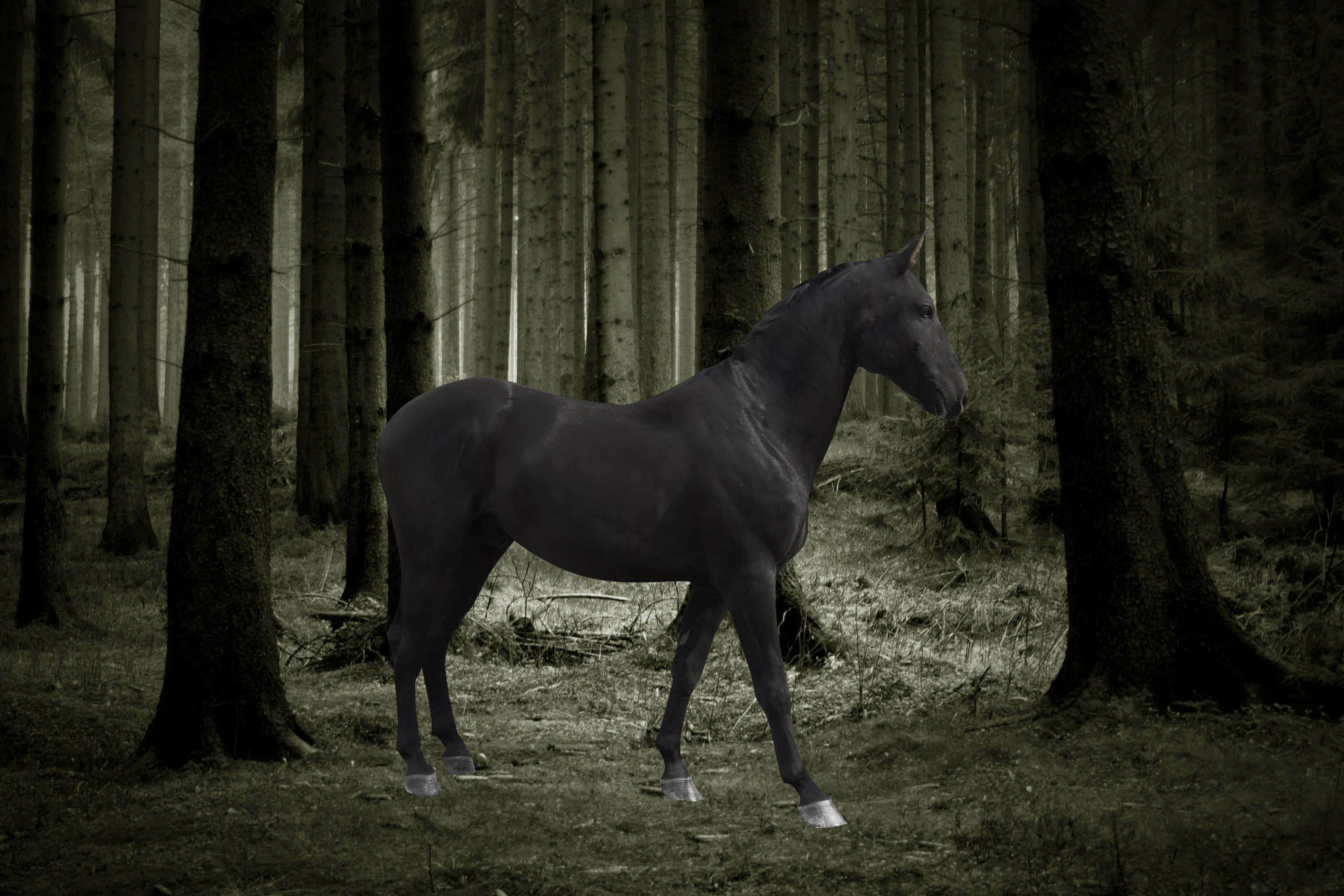 Black Horse 桌布 壁紙 — 一匹孤獨的黑馬莊嚴地站在霧氣瀰漫的森林中，周圍是高聳陰暗的樹木，色調柔和，以綠色和灰色為主。