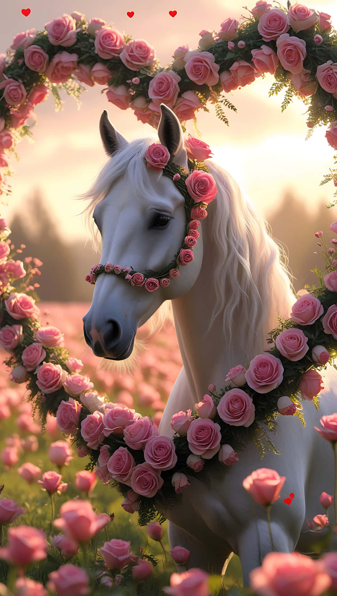 Cute Horse with Floral Wreath – Valentine Love Animal Wallpaper 壁紙 — 一匹寧靜的白馬，點綴著粉紅玫瑰，站在心形花環中，背景是柔和的金色日落。