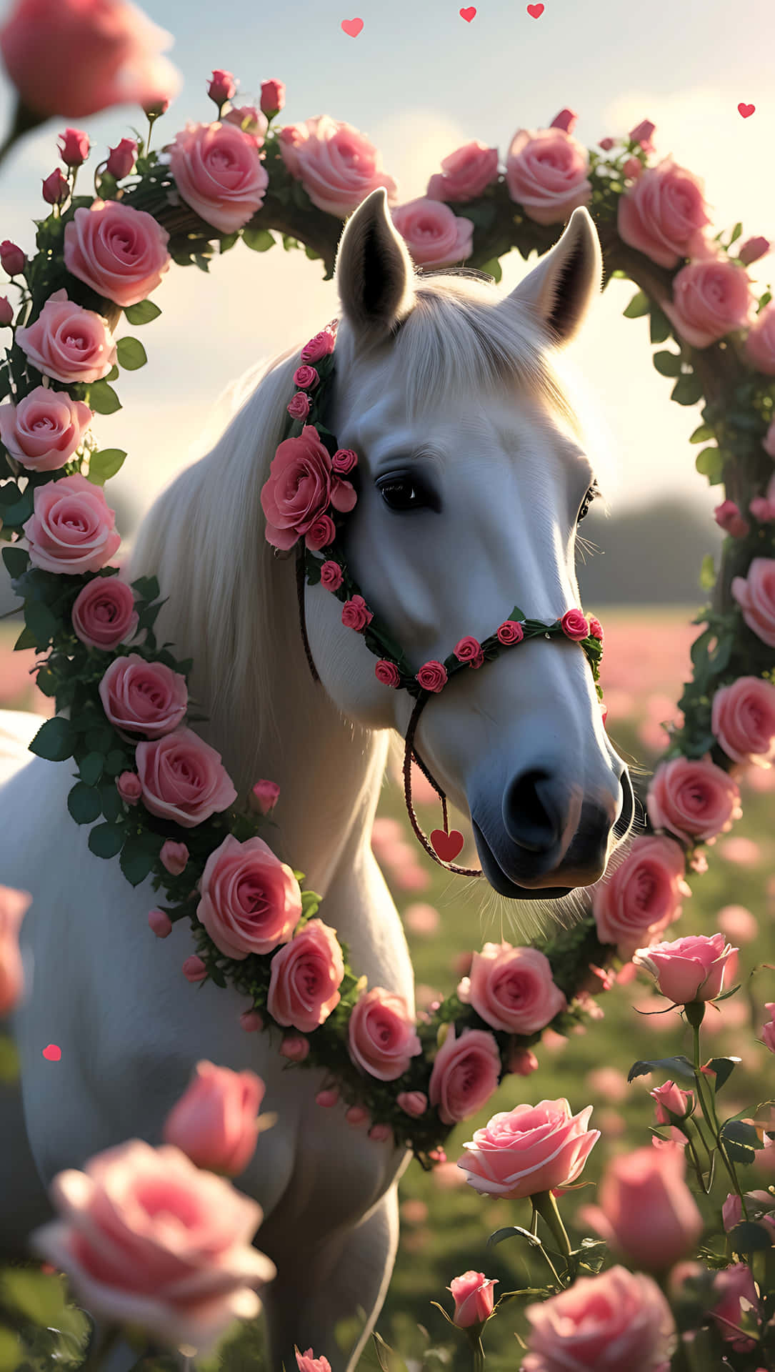Cute Horse with Floral Wreath – Valentine Love Animal Wallpaper 壁紙 — 一匹寧靜的白馬戴著粉紅玫瑰環，站在陽光普照的玫瑰田中，被心形花卉拱門框住。