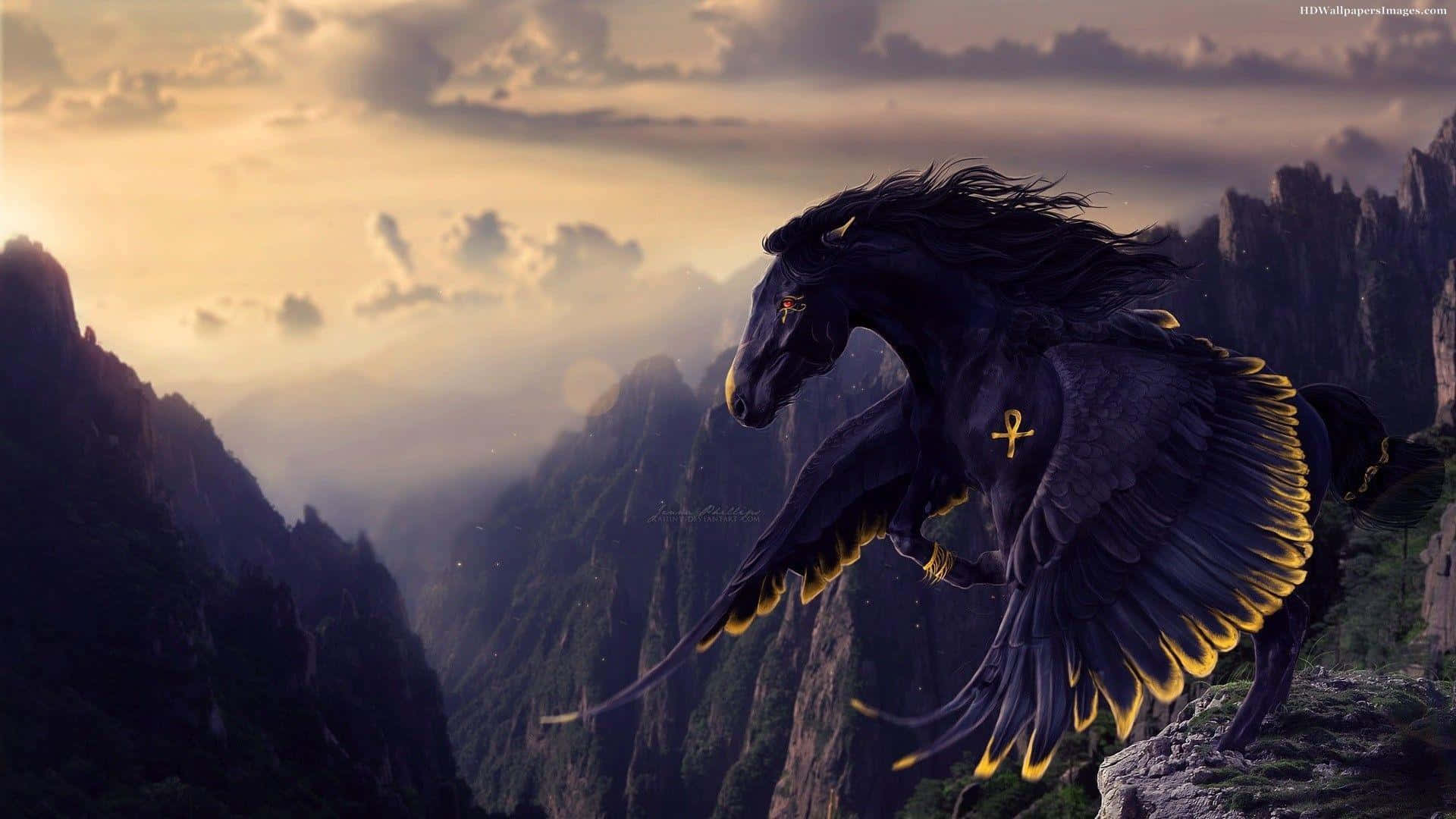 Black Horse 桌布 壁紙 — 一匹帶有金色點綴的雄偉黑色飛馬，在日落時分翱翔於霧氣繚繞的山谷之上。