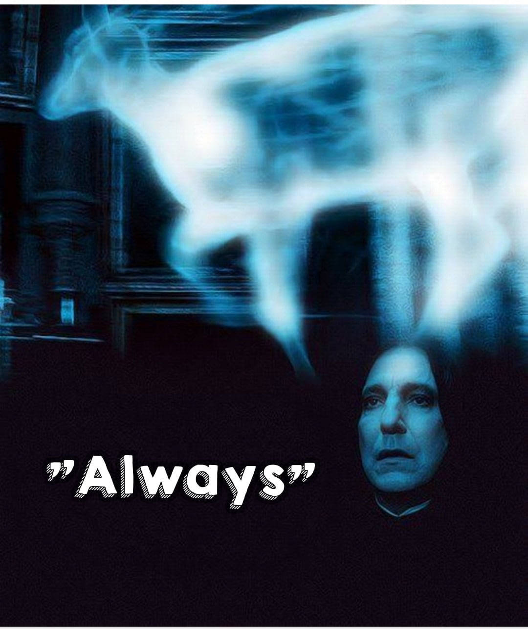 snape 桌布 壁紙 — 一匹幽靈般的藍色幽靈馬在一個黑暗哥德式環境中懸浮在一個男人的頭頂上方，並顯示了'Always'這個詞。