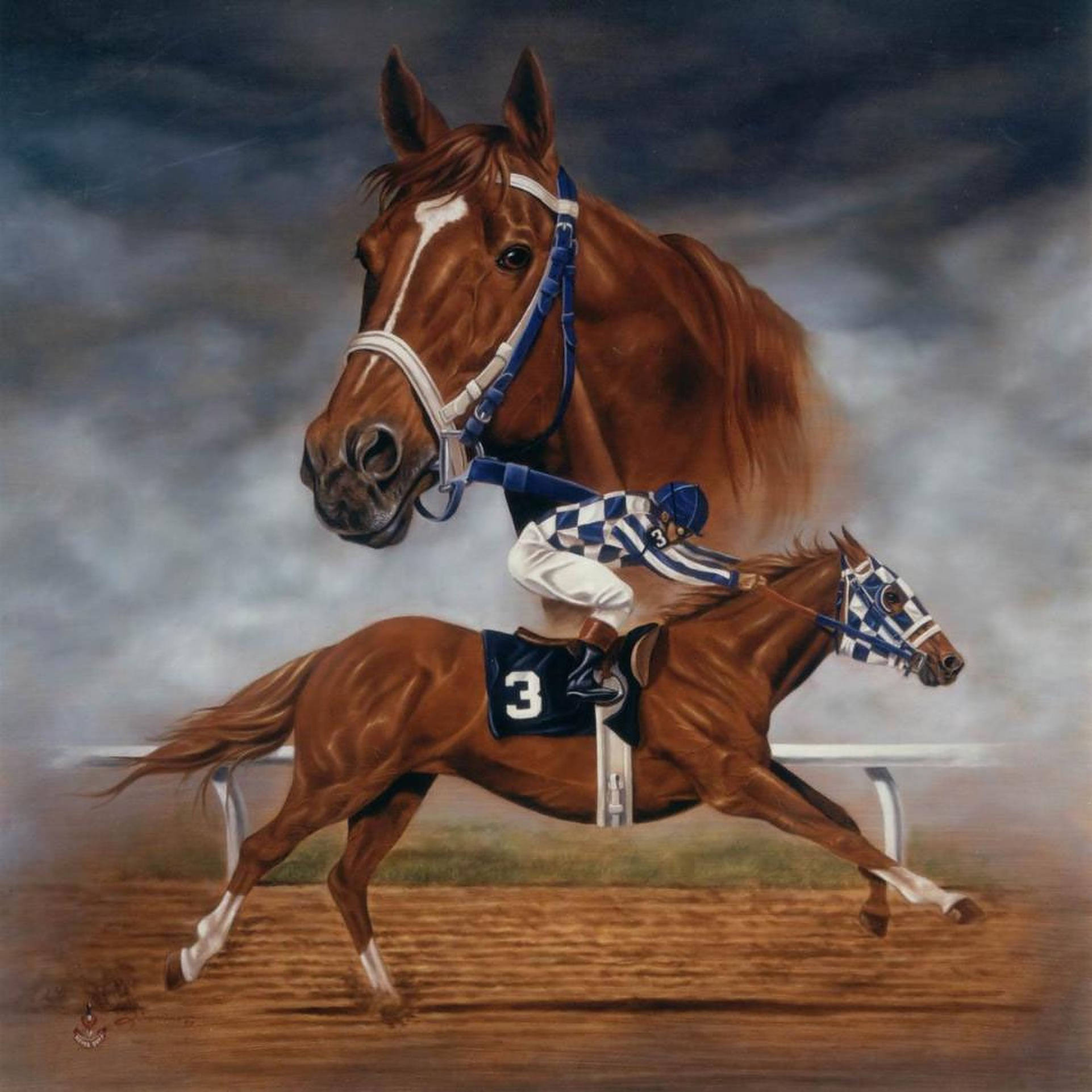 Secretariat 桌布 壁紙 — 一匹強壯的栗色賽馬，騎師號碼為三，在暴風雨的天空下於泥地賽道上猛烈奔馳。