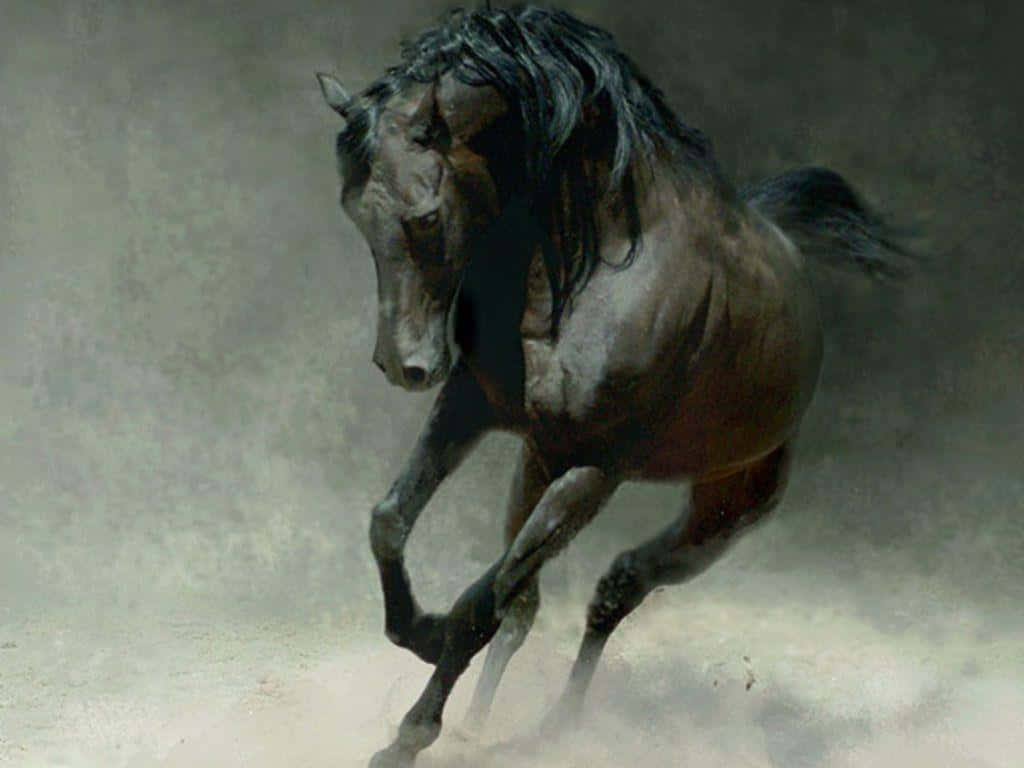 Mustang Horse 桌布 壁紙 — 一匹強壯的黑馬在塵土飛揚的田野中奔馳，鬃毛飄揚，肌肉優美。