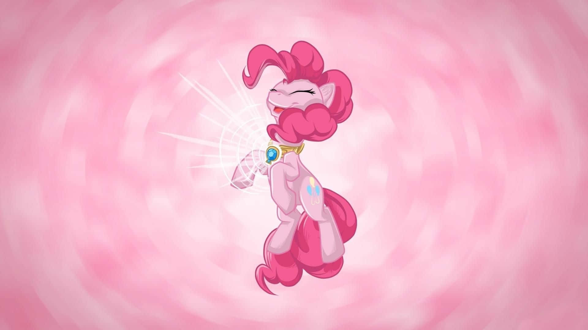 pinkie pie 桌布 壁紙 — 一匹快樂的粉紅色小馬，帶有閃閃發光的寶石，漂浮在旋轉的粉紅色漩渦中，散發著幸福和魔力。