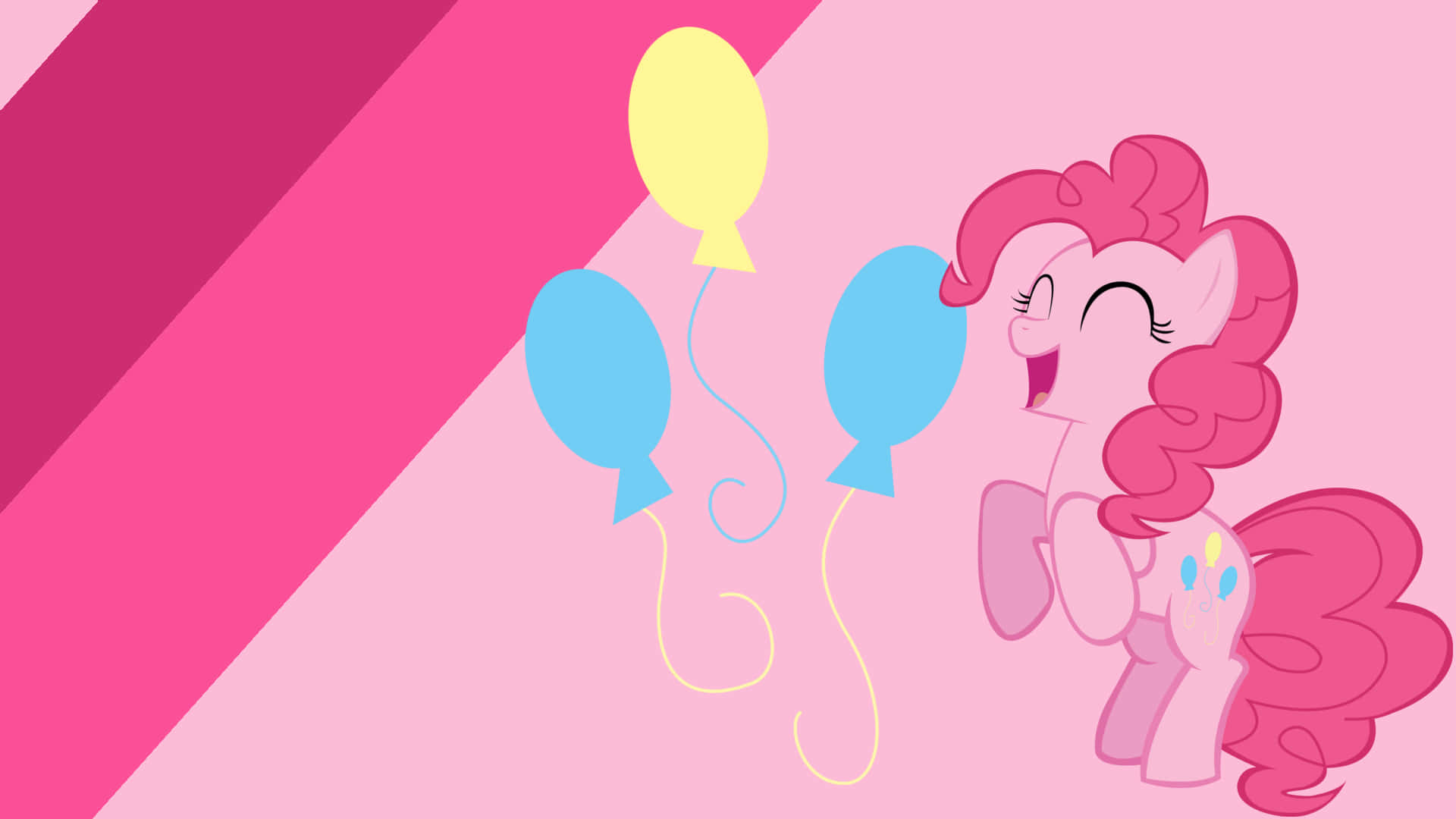 pinkie pie 桌布 壁紙 — 一匹快樂的粉紅色小馬，擁有捲曲的鬃毛，在充滿活力的粉紅色對角線背景上愉快地拿著藍色和黃色氣球。