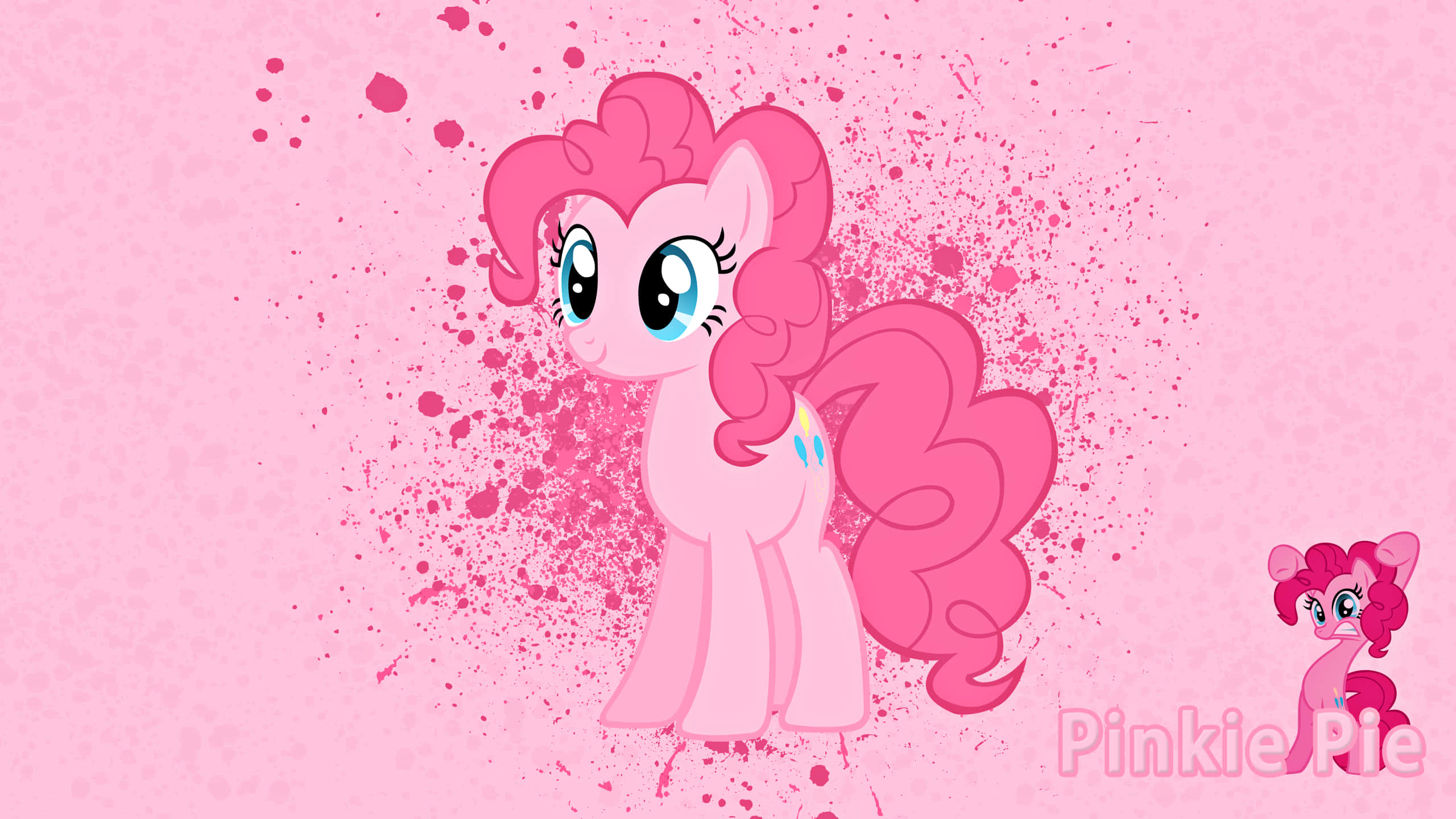 pinkie pie 桌布 壁紙 — 一匹快樂的粉紅色小馬，有著捲曲的鬃毛和尾巴，站在紋理粉紅色背景上充滿活力的粉紅色油漆飛濺中。