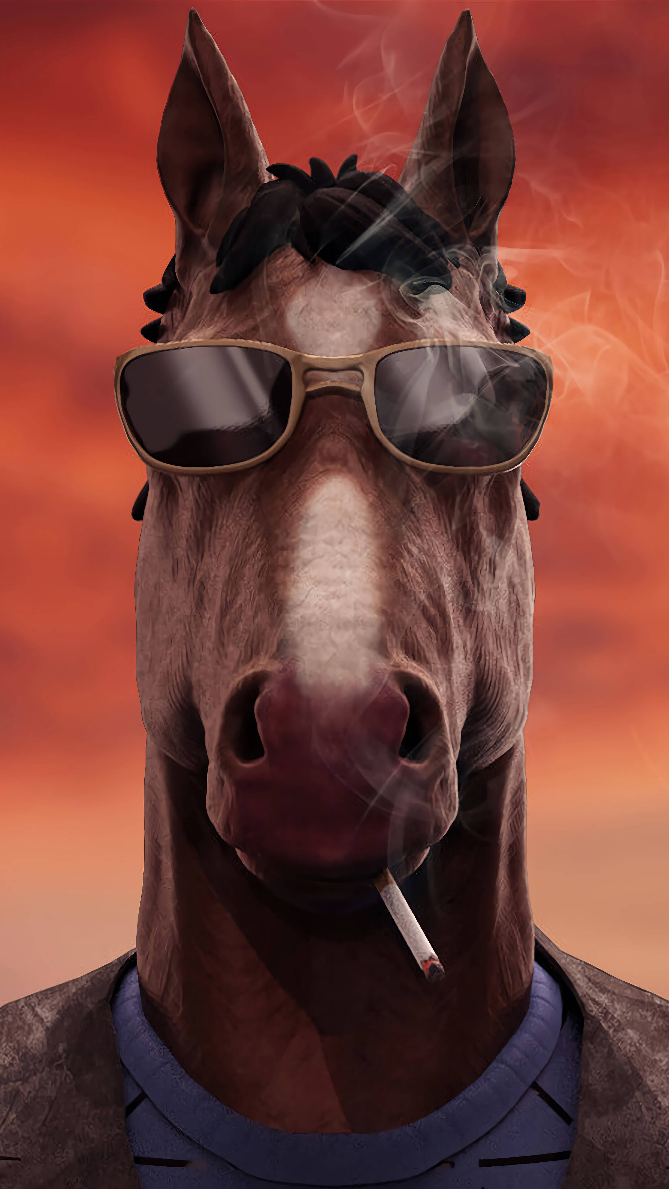 bojack 桌布 壁紙 — 一匹戴著太陽眼鏡的酷酷擬人化馬，在熾熱的橙色日落天空下抽煙。