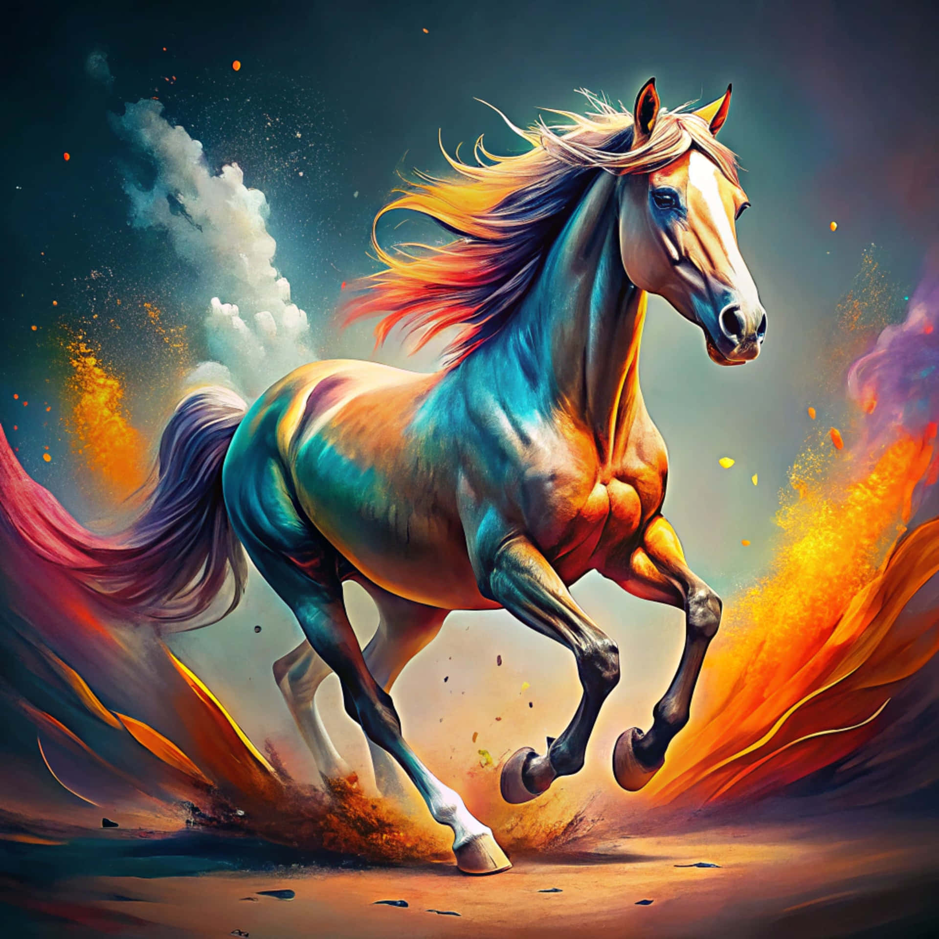 Horse 壁紙 — 一匹擁有彩虹鬃毛和尾巴的雄偉駿馬，在星空下奔騰穿過熾熱的宇宙景觀。