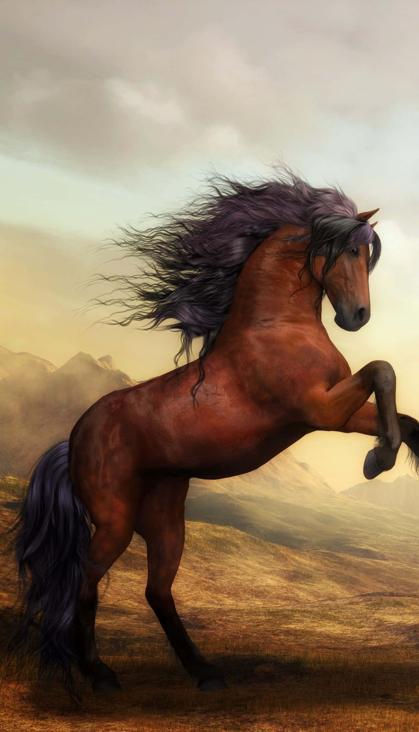 Pretty Horse 桌布 壁紙 — 一匹擁有紫色鬃毛和尾巴的雄偉棕色馬匹，在陽光明媚的山坡上驕傲地揚起前蹄，背景是朦朧的山巒。