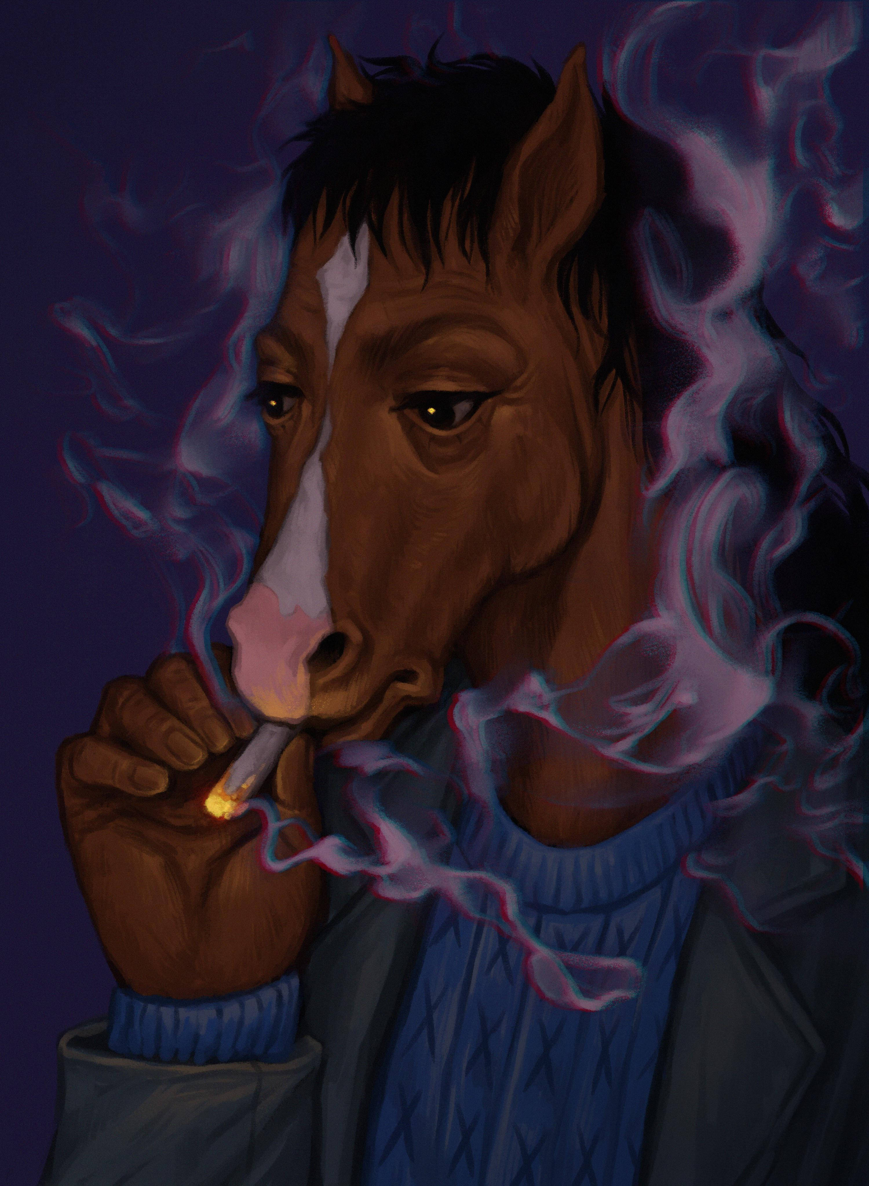 bojack 桌布 壁紙 — 一匹擁有雙手的馬在深紫色背景中吸煙，煙霧繚繞。