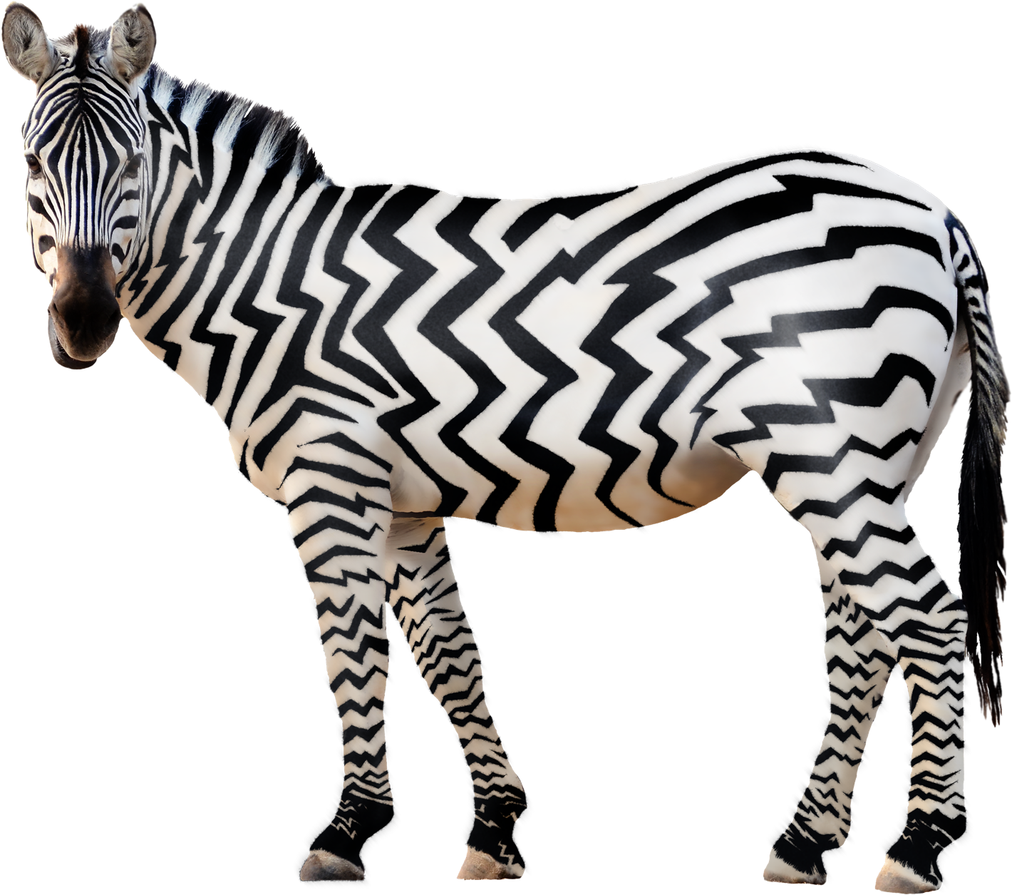 Zebra 桌布 壁紙 — 一匹斑馬帶有鮮明的黑白鋸齒紋，側面站立在純黑背景前。