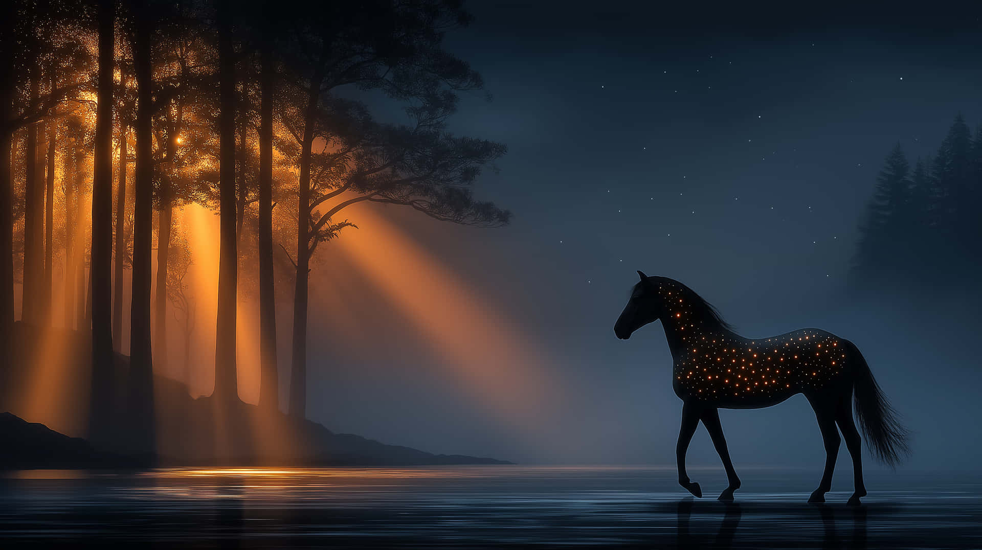 Magical Horse in Forest with Golden Light Beams 壁紙 — 一匹星馬站在平靜的水中，金色的陽光穿過霧氣瀰漫的森林樹木，在繁星點點的夜空下。
