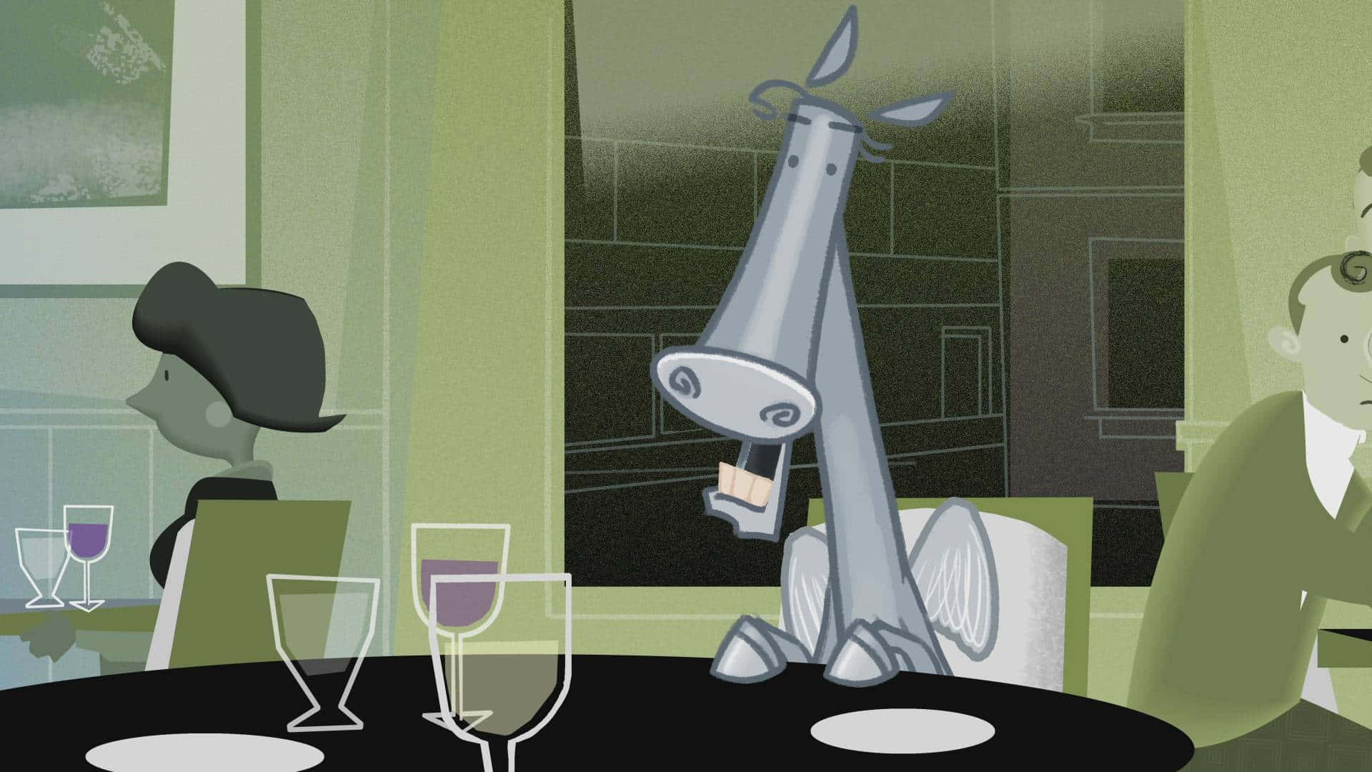 Animated 桌布 壁紙 — 一匹有翅膀的超現實卡通馬坐在綠色色調的餐廳餐桌旁，旁邊有兩個人形。