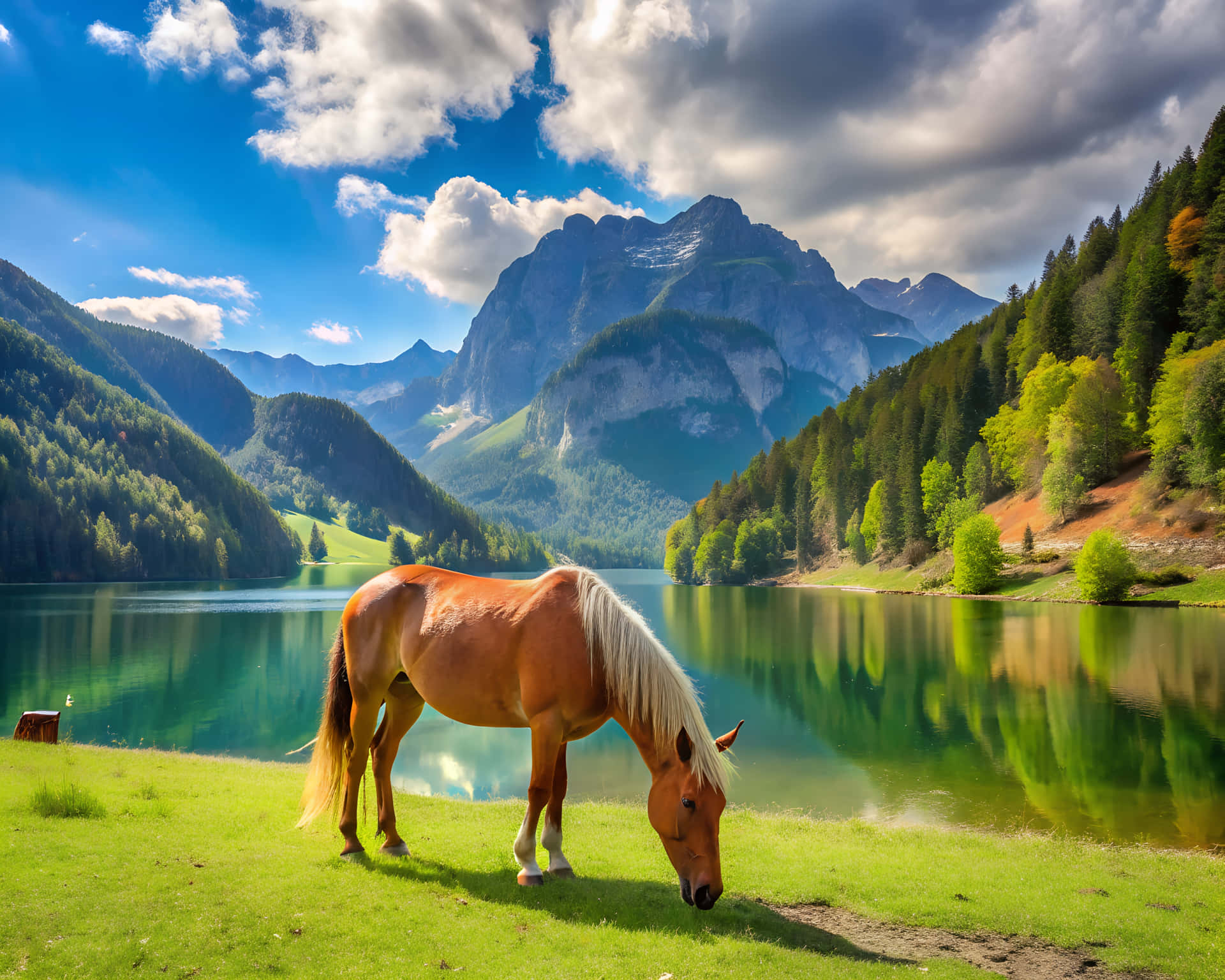 Horse with lake in the background 壁紙 — 一匹栗色馬，白色鬃毛，在茂密的綠草地上吃草，旁邊是平靜的藍綠色湖泊，周圍是森林覆蓋的山脈，天空部分多雲。