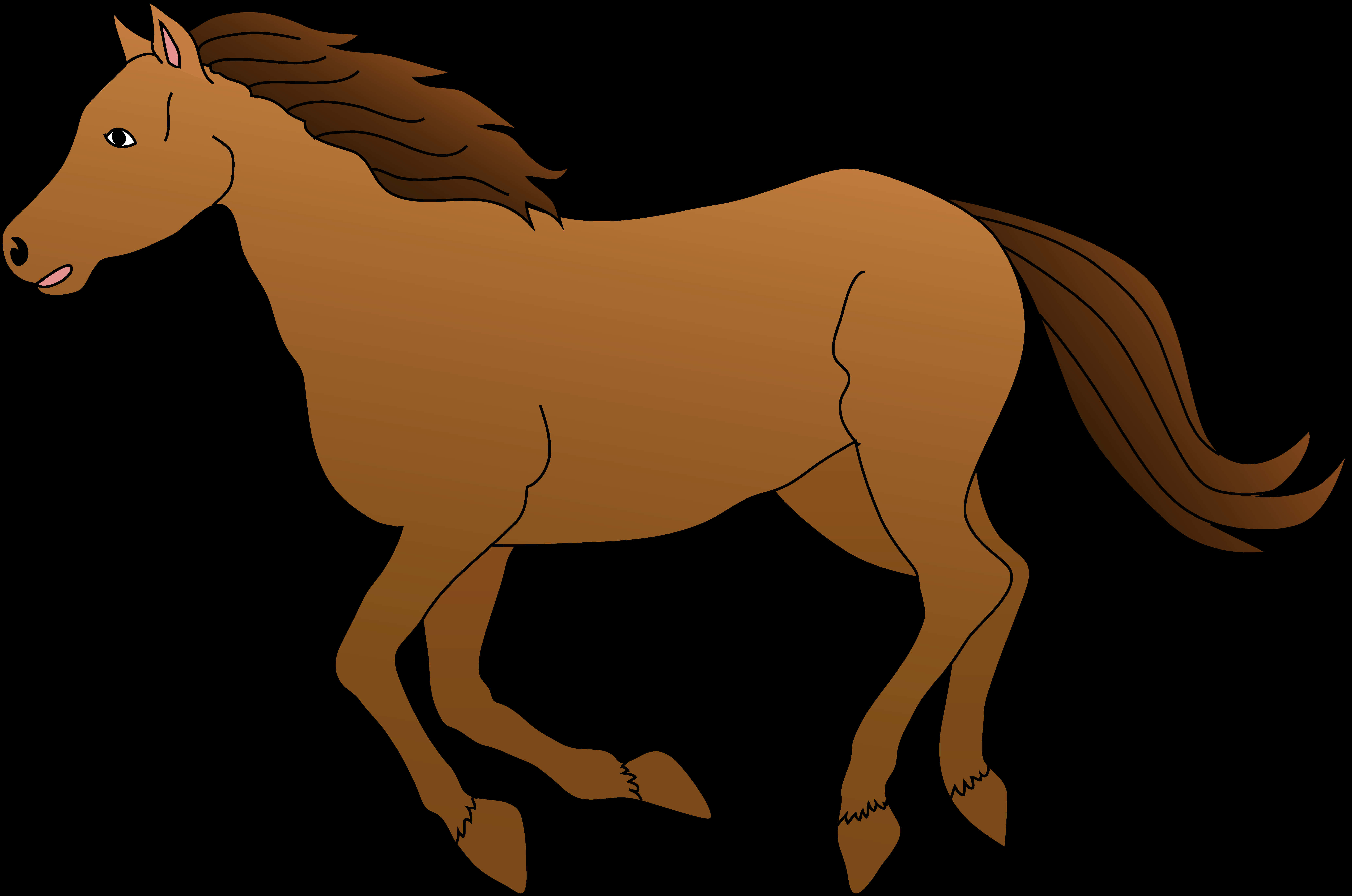 Clip Art 桌布 壁紙 — 一匹棕色馬匹，鬃毛和尾巴飄逸，在純黑色背景上自信地邁步。