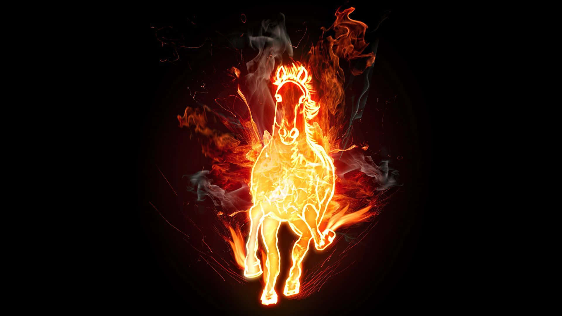火焰動畫 桌布 壁紙 — 一匹火焰馬的剪影在黑暗背景中奔馳，伴隨著旋轉的火焰和煙霧。