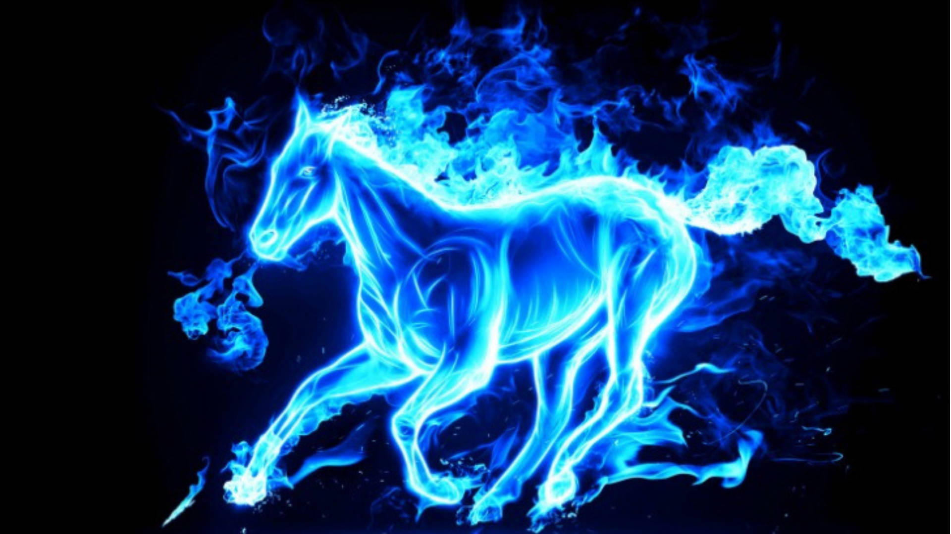 一匹由火焰組成的藍色電馬在黑色背景前奔跑。 — 馬 壁紙