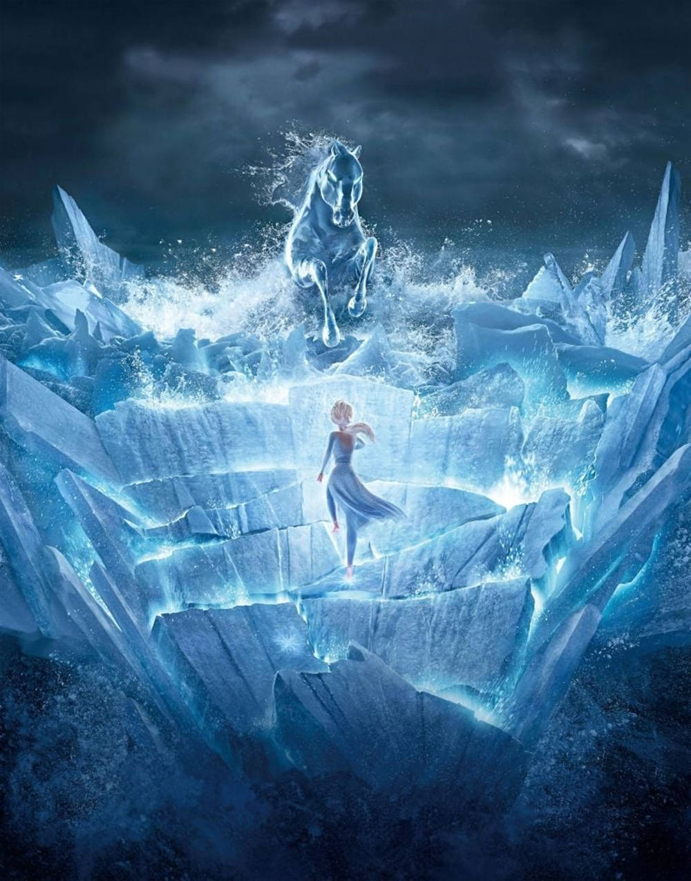 冰雪奇緣2 桌布 壁紙 — 一匹發光的冰馬在暴風雨中跳躍，越過冰封的深淵，一個穿藍裙的女孩站在冰階上。