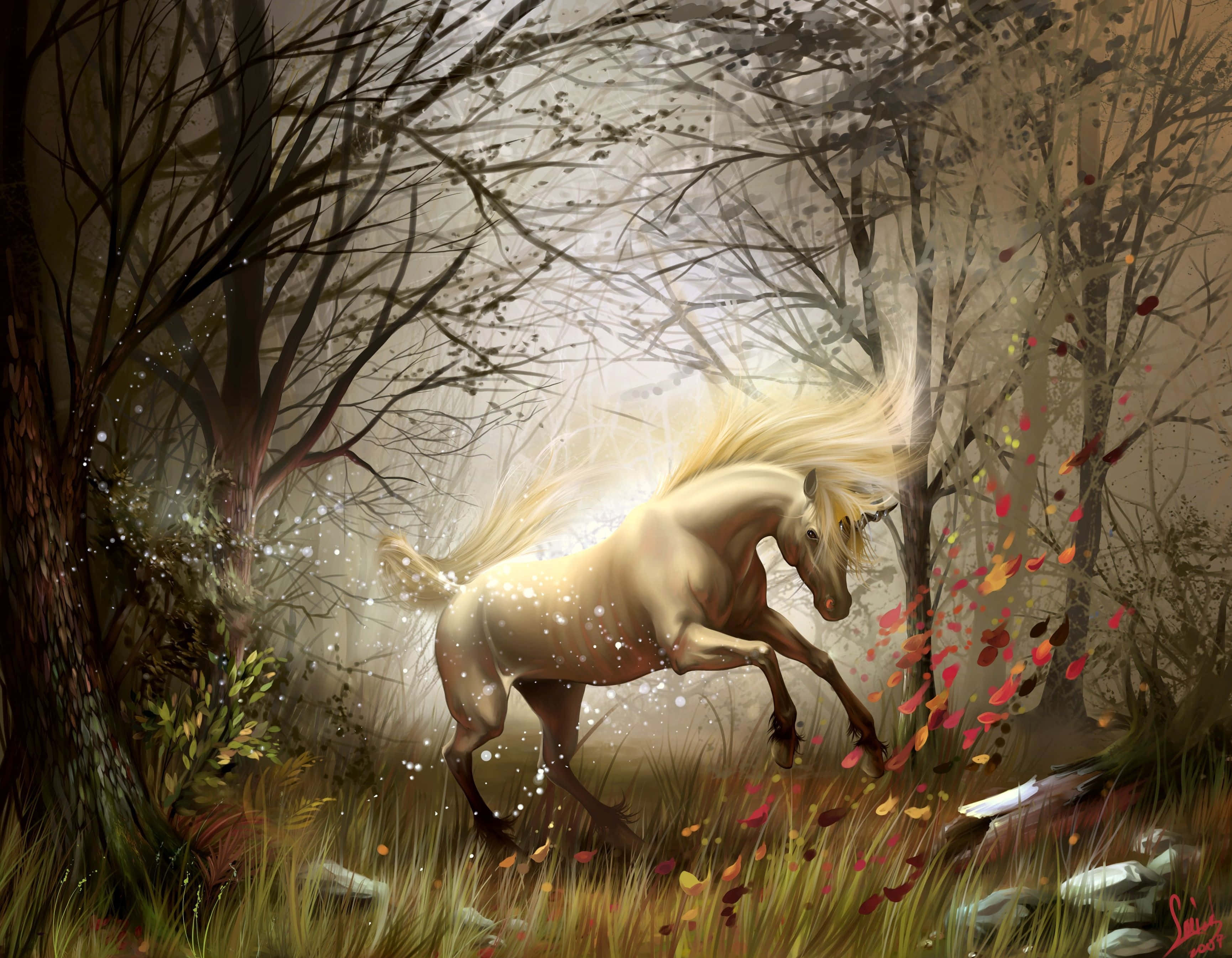 Unicorn Coloring 桌布 壁紙 — 一匹發光的白色獨角獸奔騰穿過迷霧秋林，散落色彩繽紛的樹葉和閃爍的光芒。