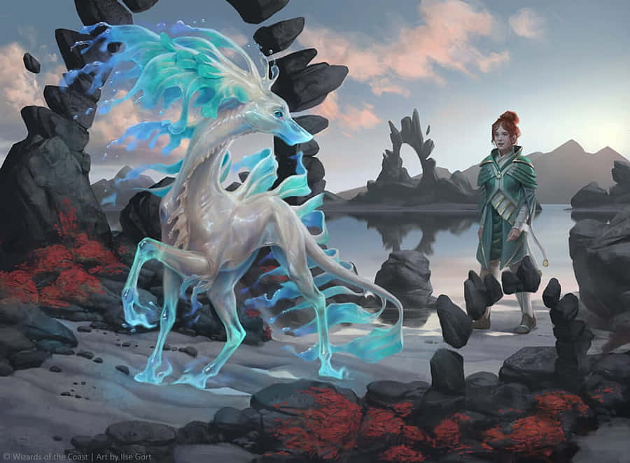 Illustration Art 桌布 壁紙 — 一匹發光的藍色幽靈馬站在一個身穿長袍的人物旁邊，在岩石海岸上，有紅色苔蘚和遠山，天空暮色蒼茫。