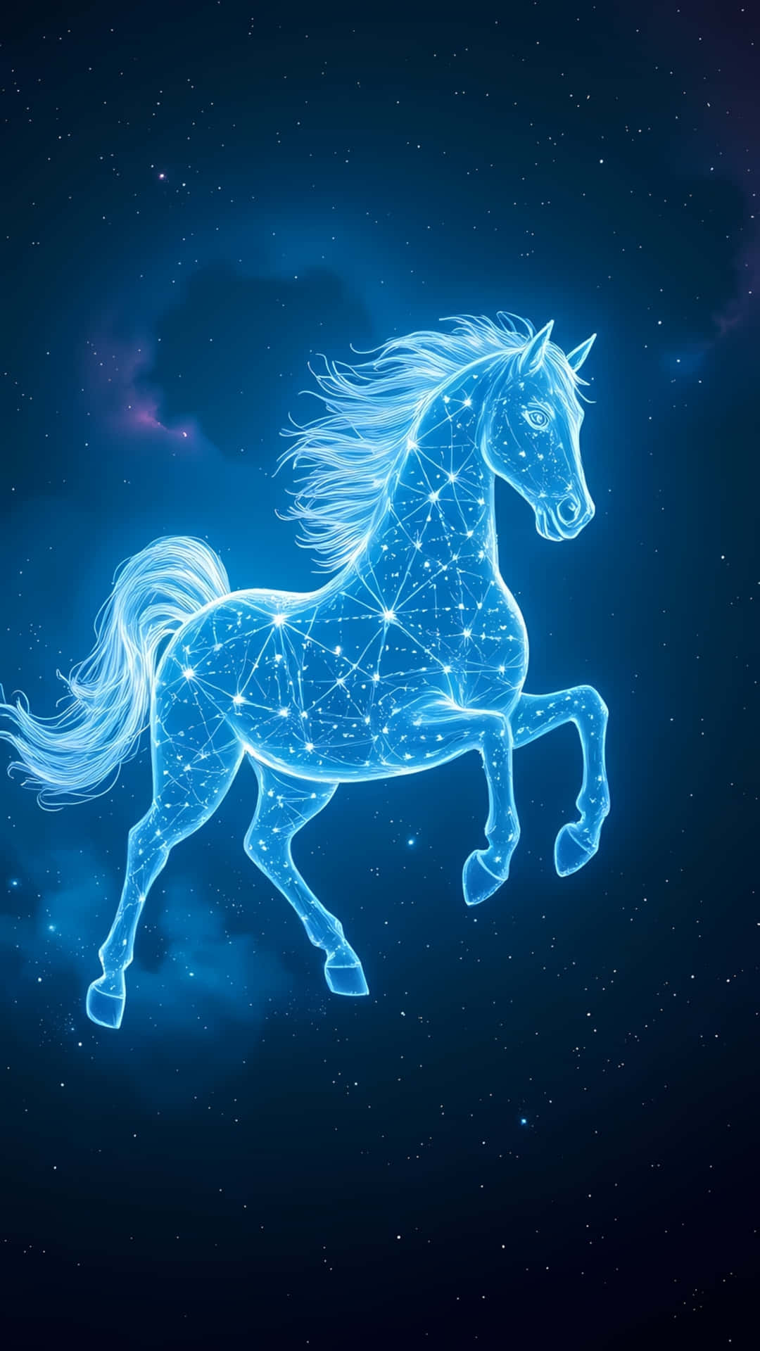 Celestial Horse Made of Stars and Light 壁紙 — 一匹發光的藍色星座馬奔馳在星塵和星雲的宇宙夜空背景中。