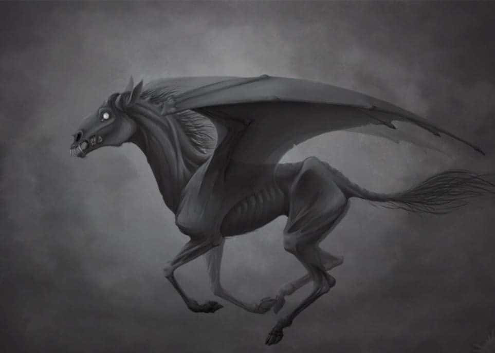 Thestral 桌布 壁紙 — 一匹發光眼睛的骷髏有翼馬在迷霧灰色虛空中奔騰，呈現於一張令人毛骨悚然的數位插圖。